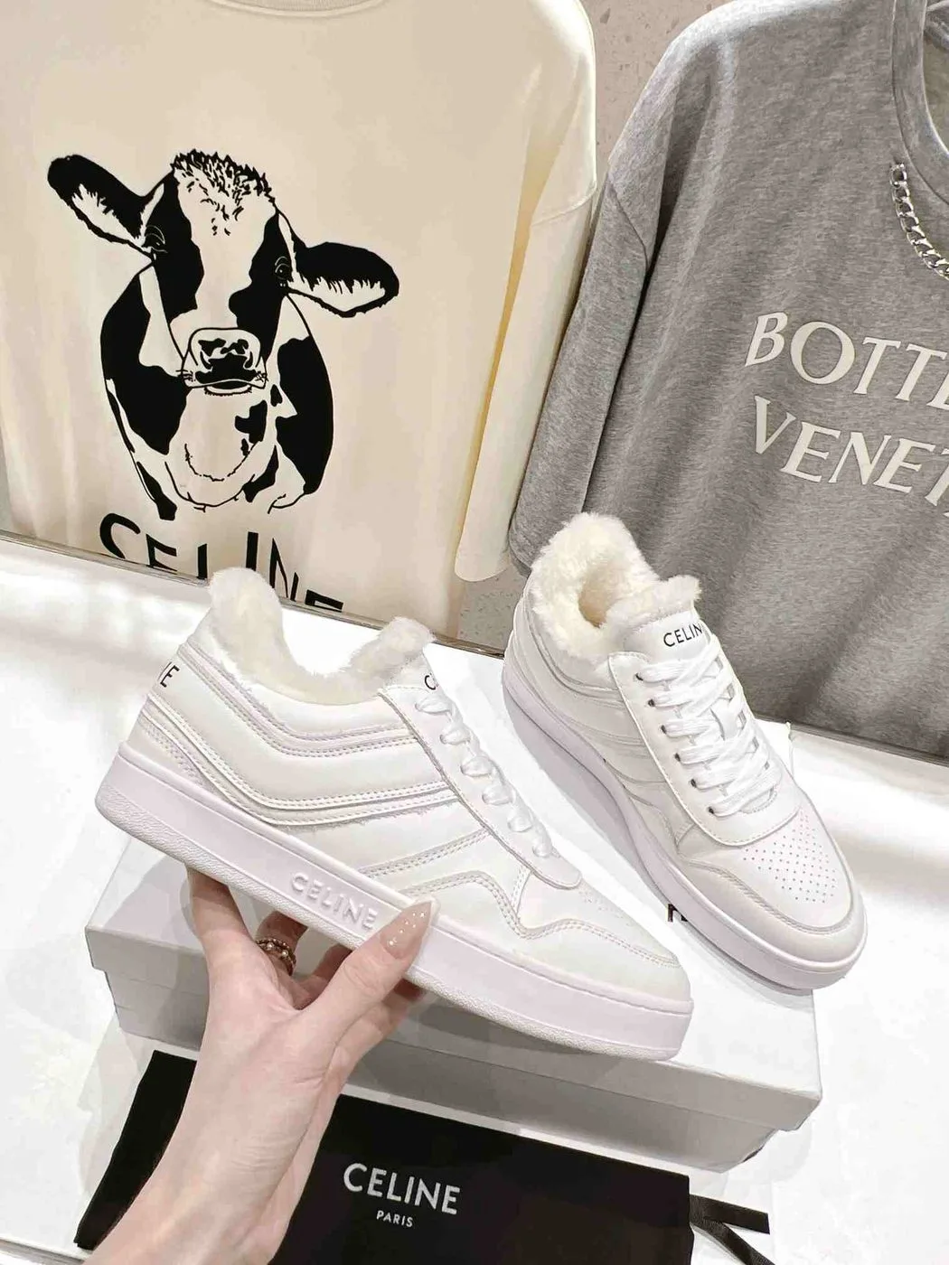 Celine Trainer Low Lace-Up Sneaker In Fur White - Image 5