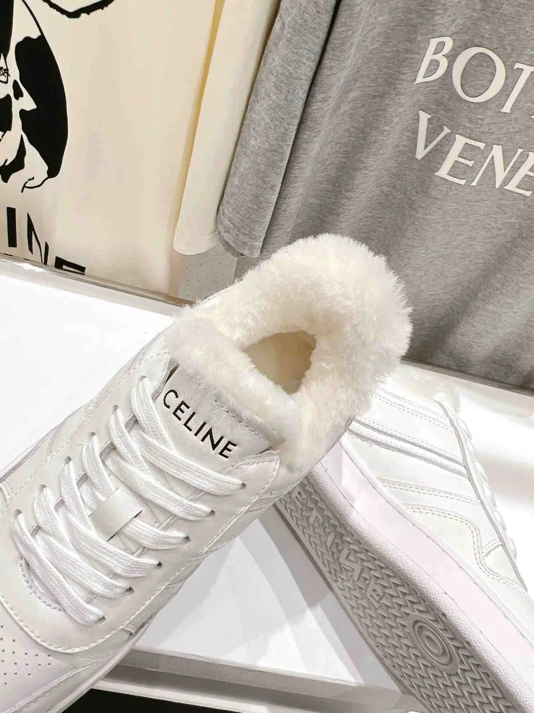 Celine Trainer Low Lace-Up Sneaker In Fur White - Image 3