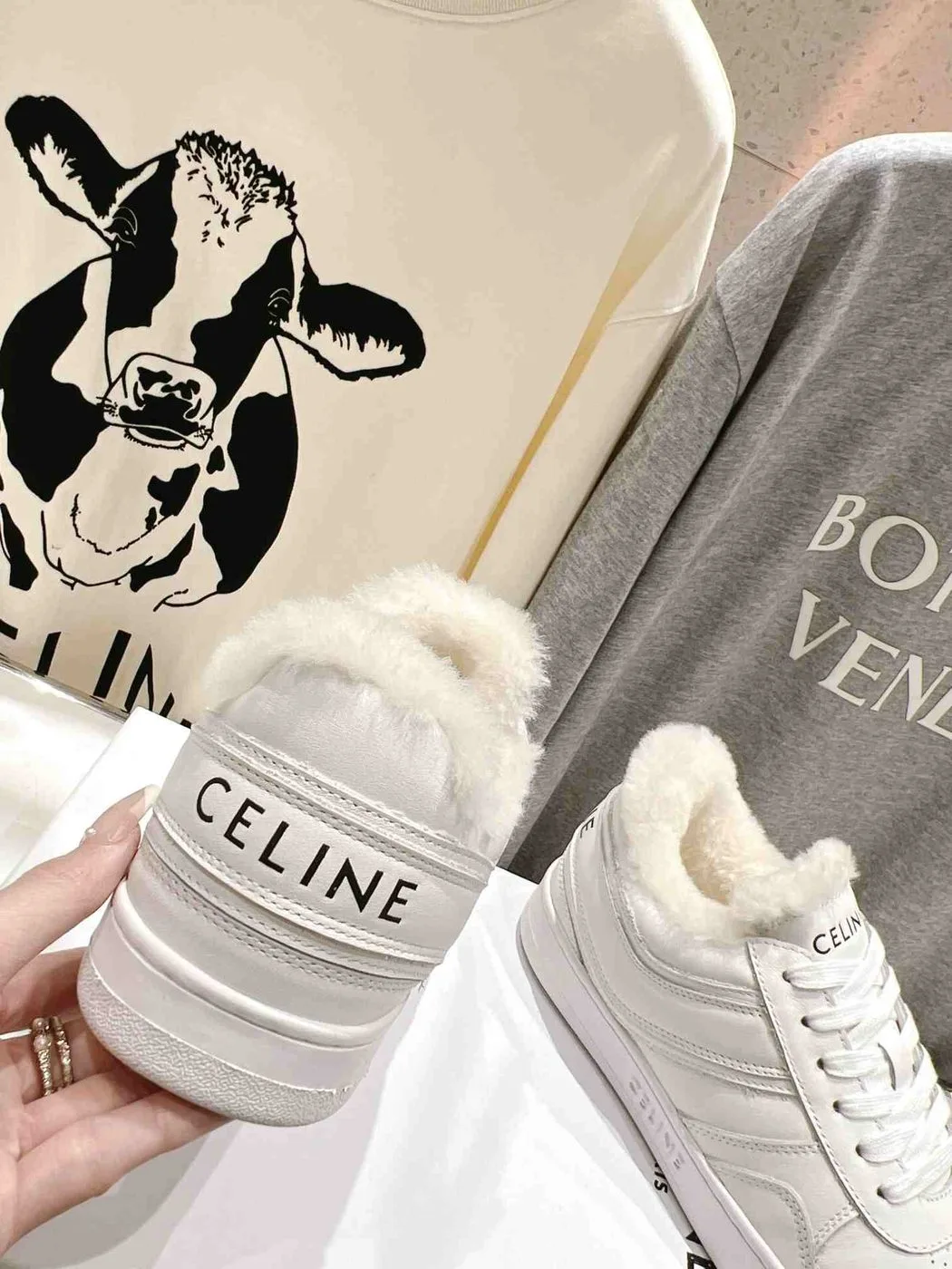 Celine Trainer Low Lace-Up Sneaker In Fur White - Image 4