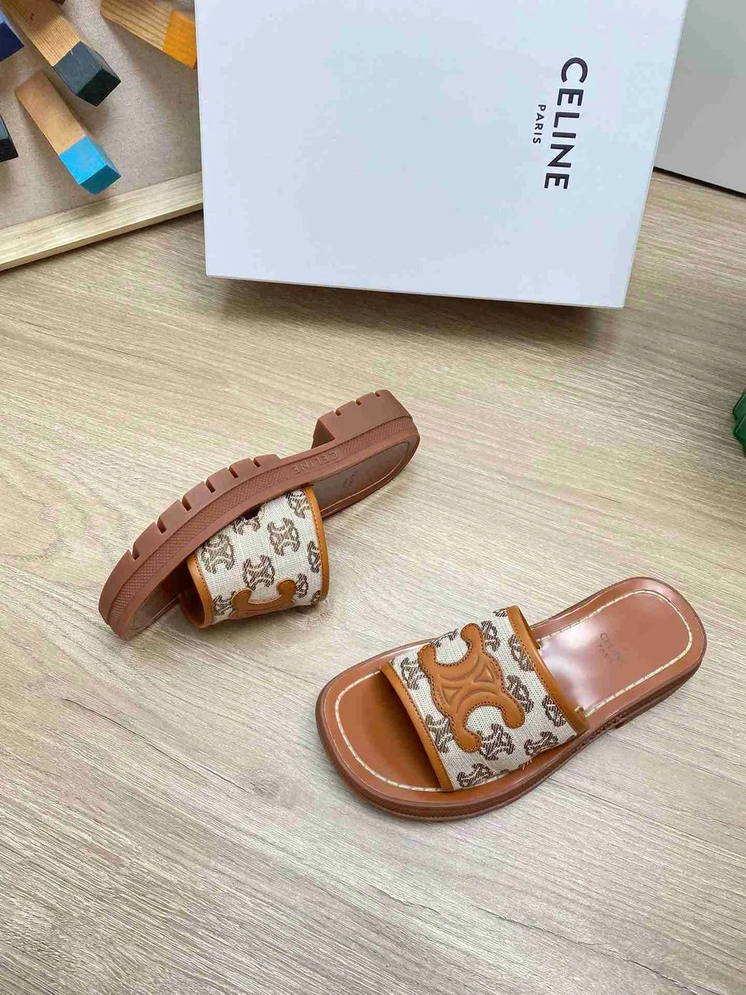Alternative view of Celine Triomphe Slide In Triomphe Stamped Canvas Brown