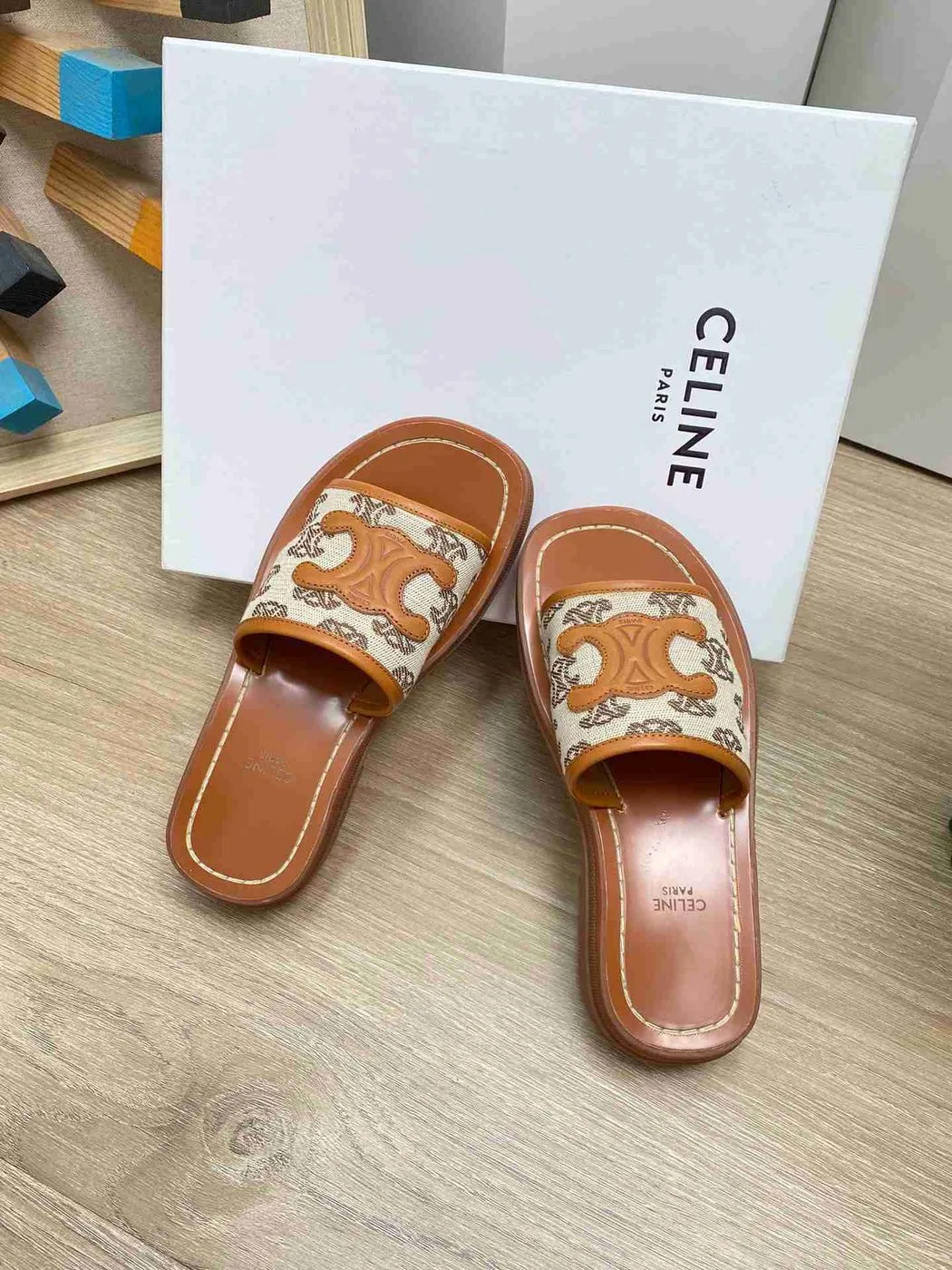 Celine Triomphe Slide In Triomphe Stamped Canvas Brown - Image 3