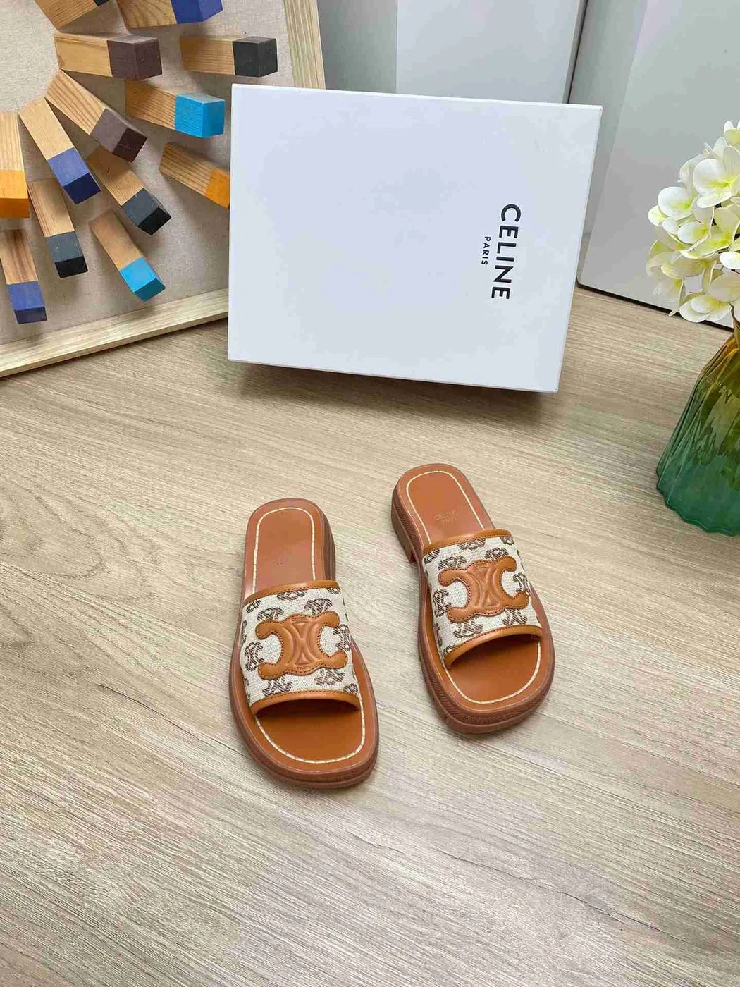 Celine Triomphe Slide In Triomphe Stamped Canvas Brown - Image 4