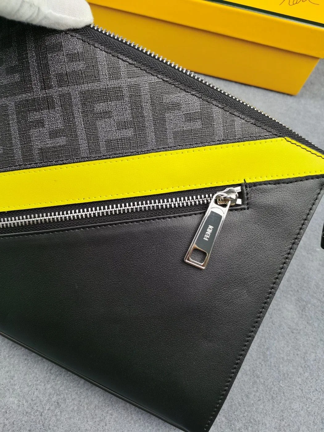 Fendi Flat Pouch Black Fabric Pouch Yellow Stripes / FF 7VA491A9XSF0R2A - Image 6