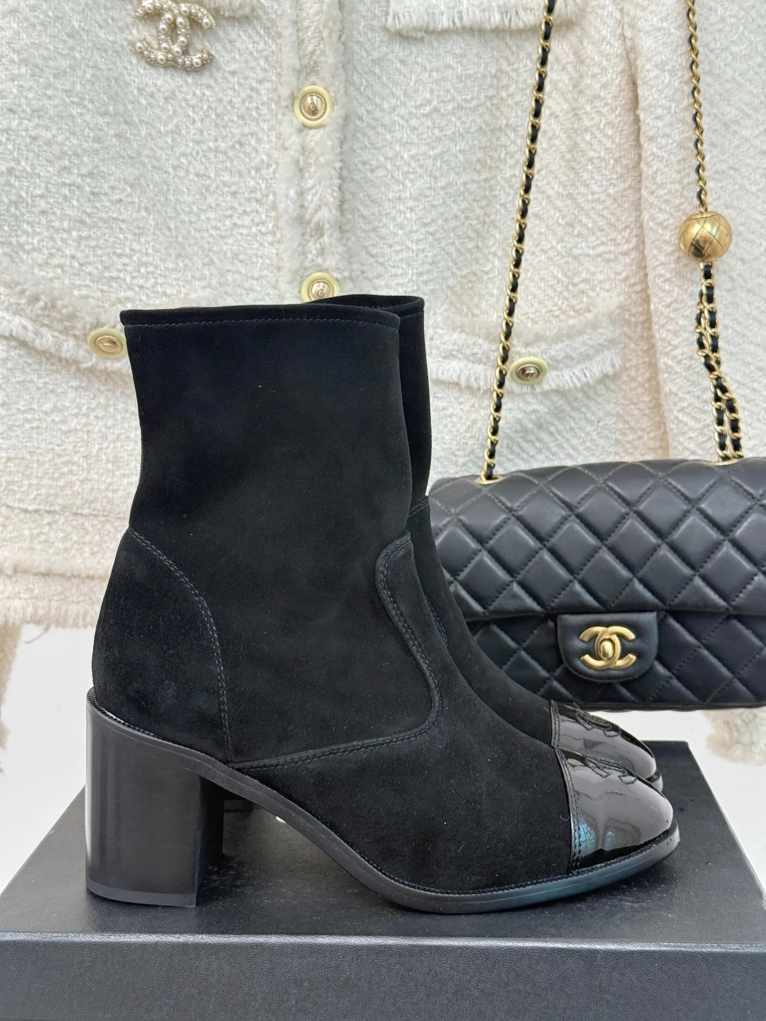 Alternative view of Chanel Ankle Chunky Heel Boots Black /