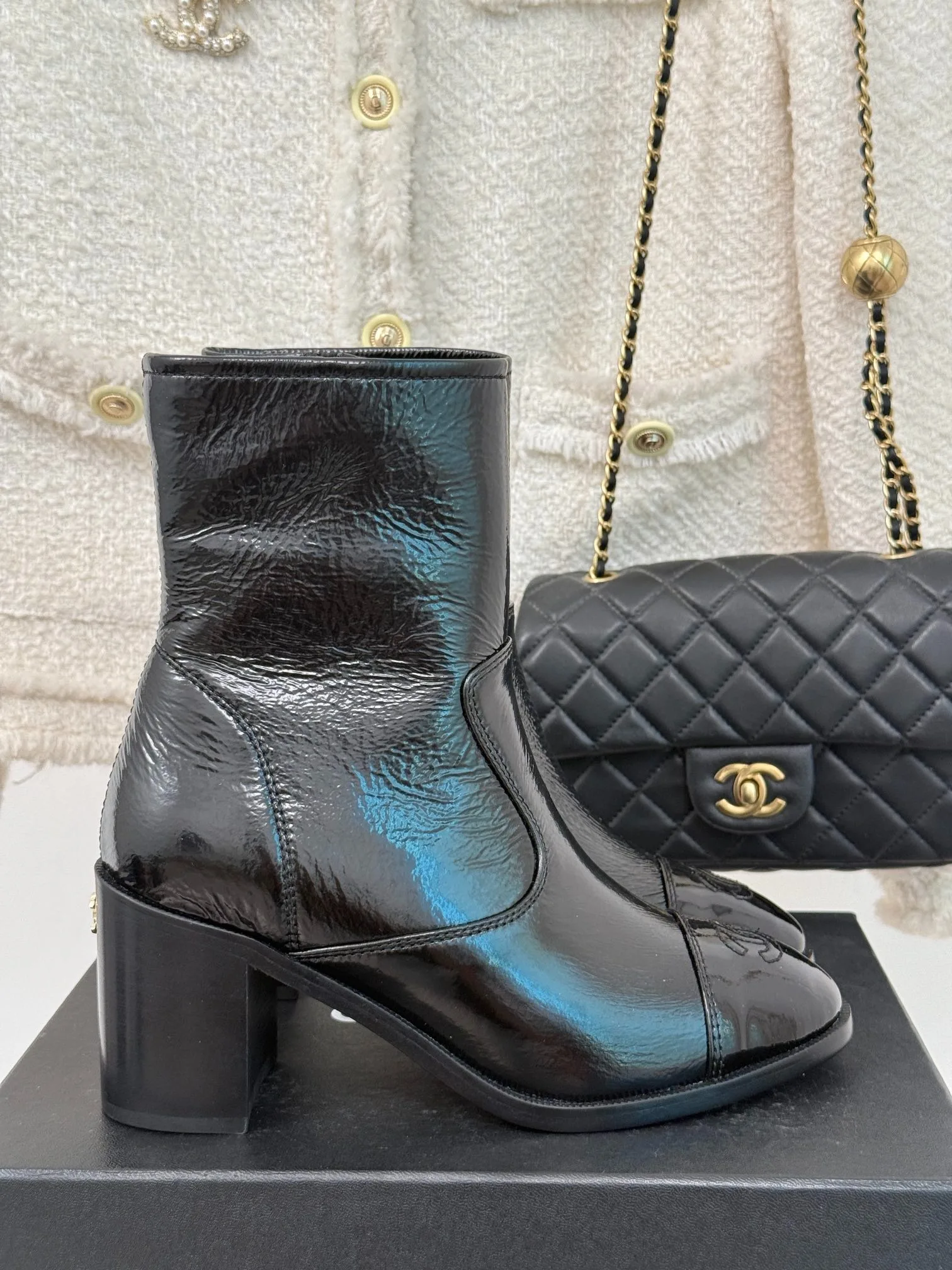 Alternative view of Chanel Glossy Chunky Ankle Heel Boots Black /