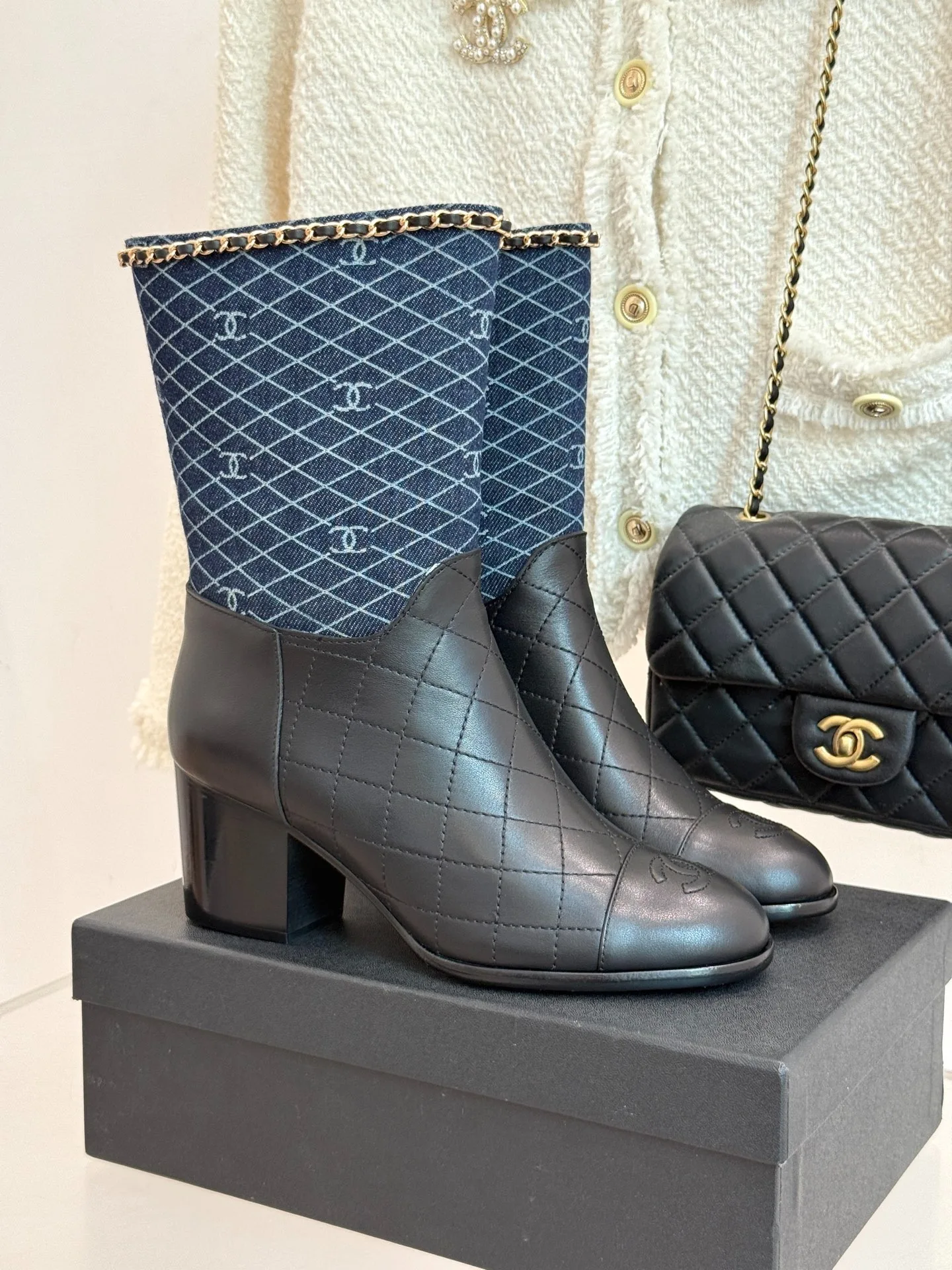 Alternative view of Chanel Double C Chunky Heel Boots With Chain Detail Blue Denim
