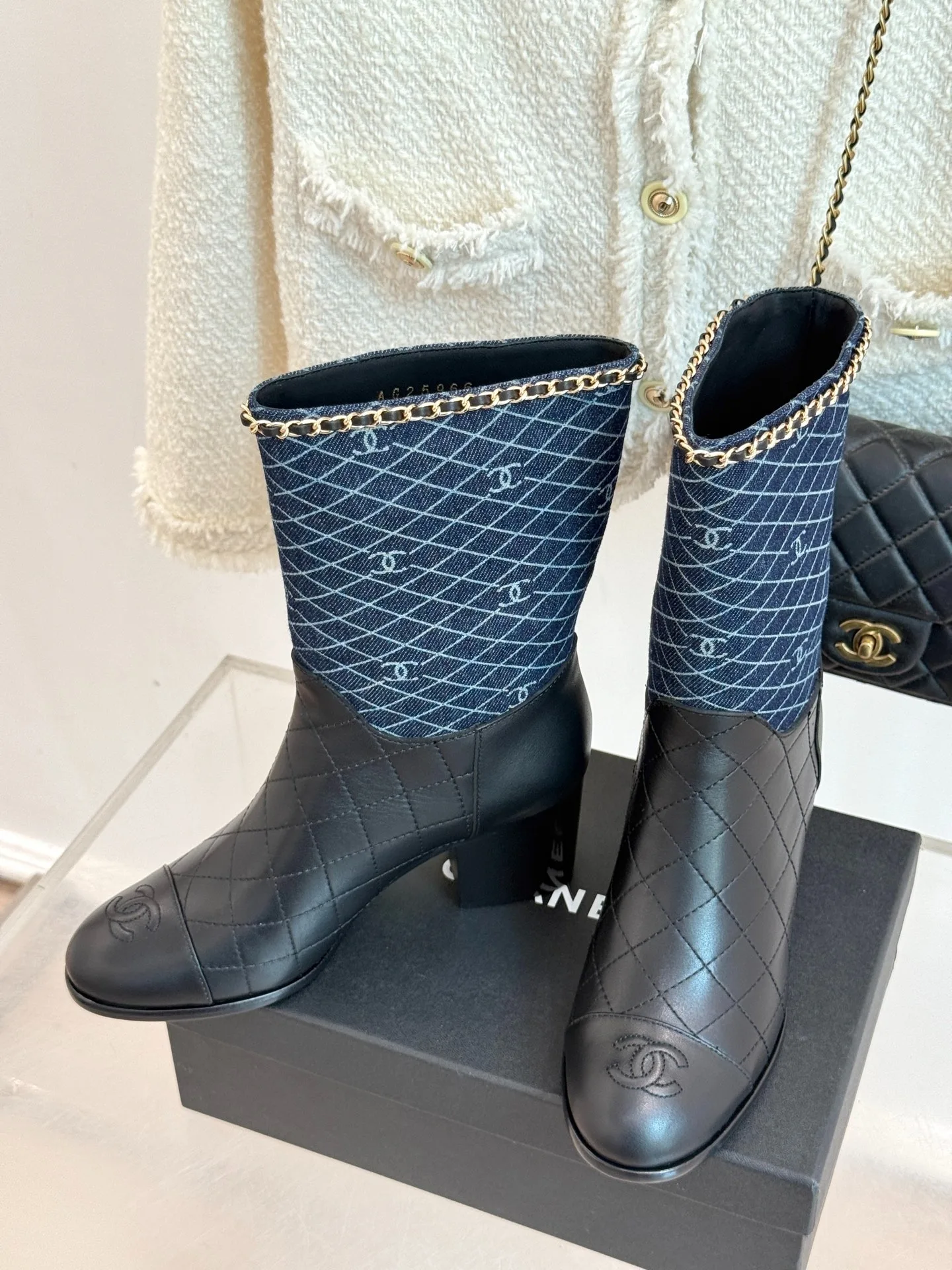 Chanel Double C Chunky Heel Boots With Chain Detail Blue Denim - Image 3