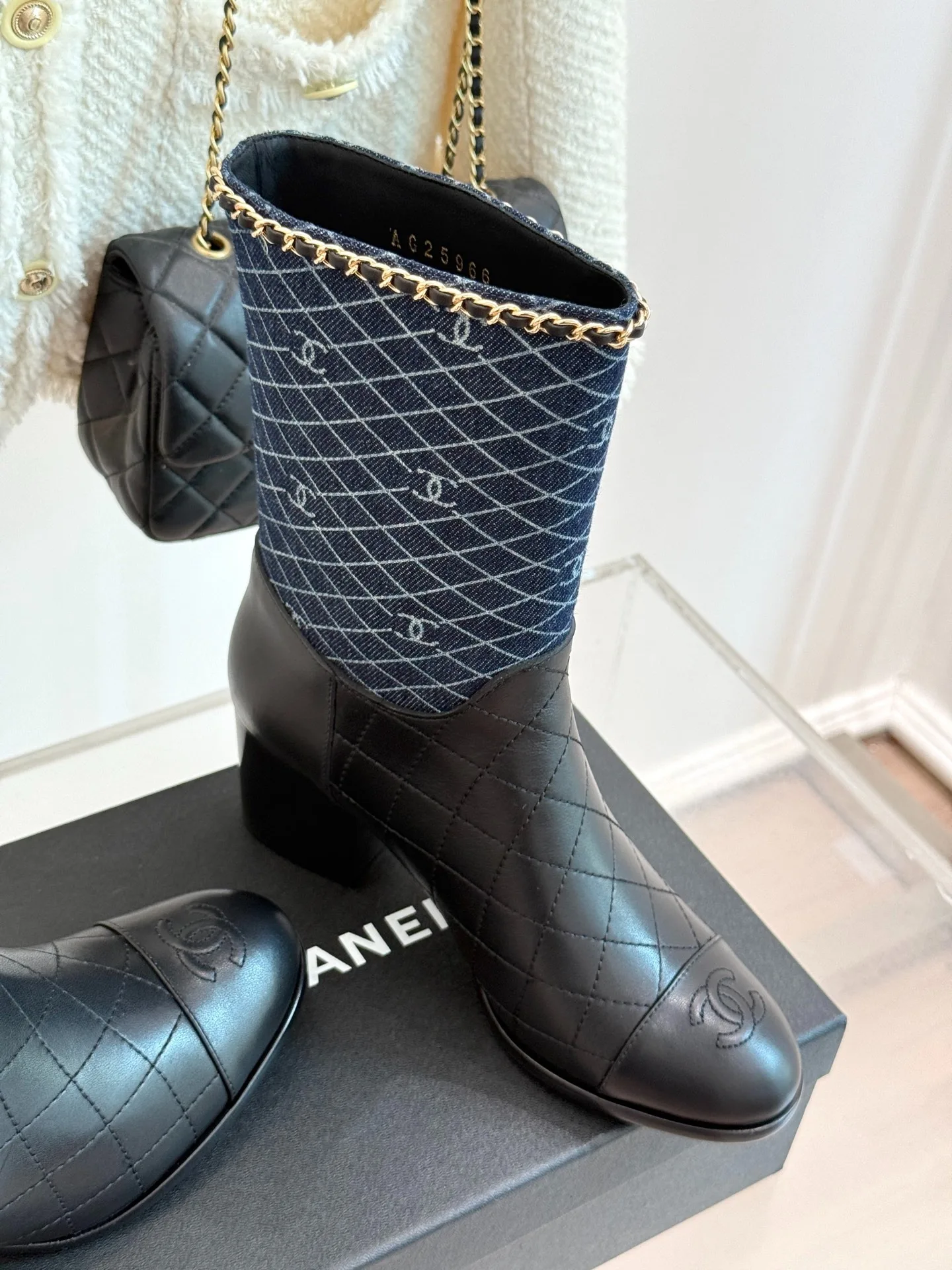Chanel Double C Chunky Heel Boots With Chain Detail Blue Denim - Image 4