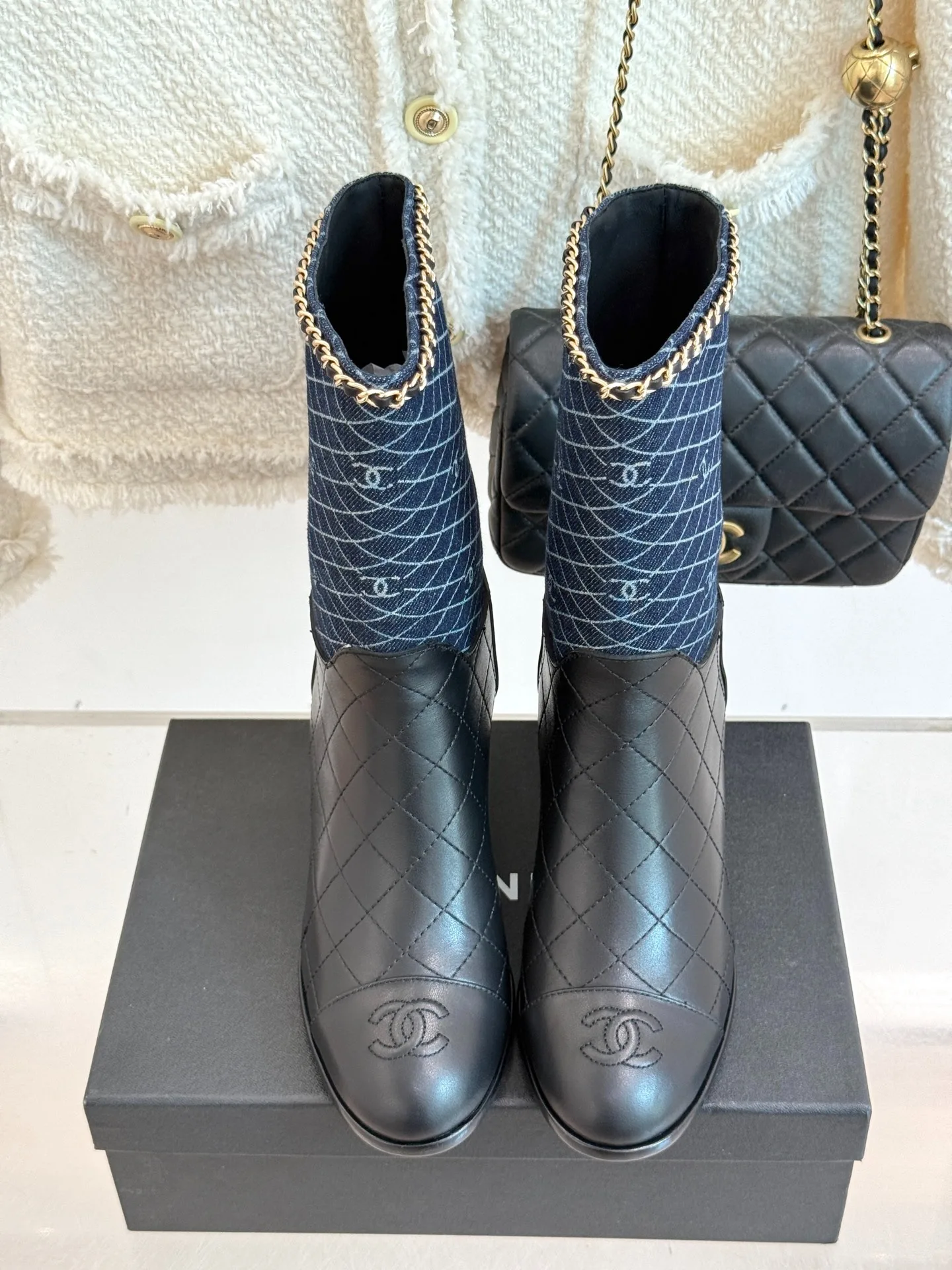 Chanel Double C Chunky Heel Boots With Chain Detail Blue Denim - Image 5
