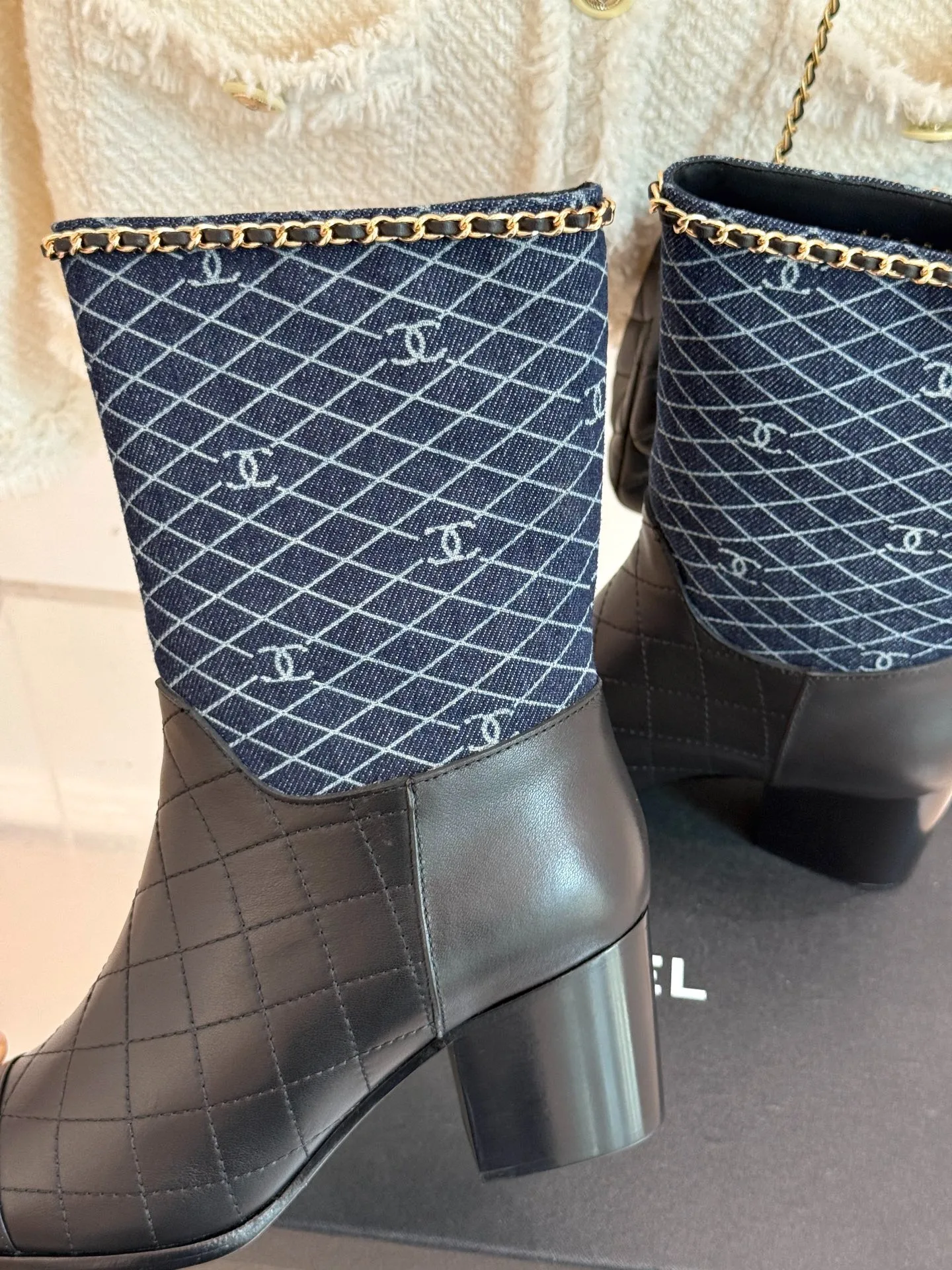 Chanel Double C Chunky Heel Boots With Chain Detail Blue Denim - Image 6