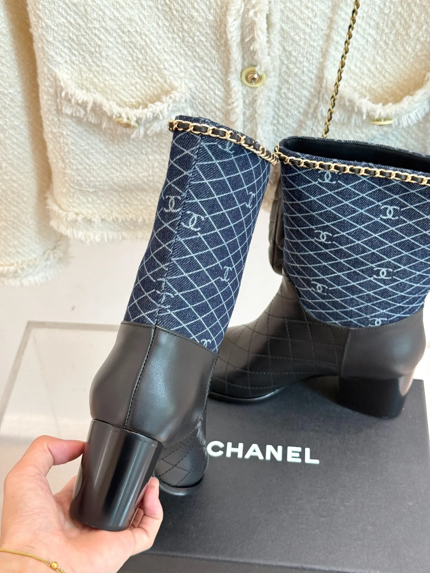 Chanel Double C Chunky Heel Boots With Chain Detail Blue Denim - Image 7