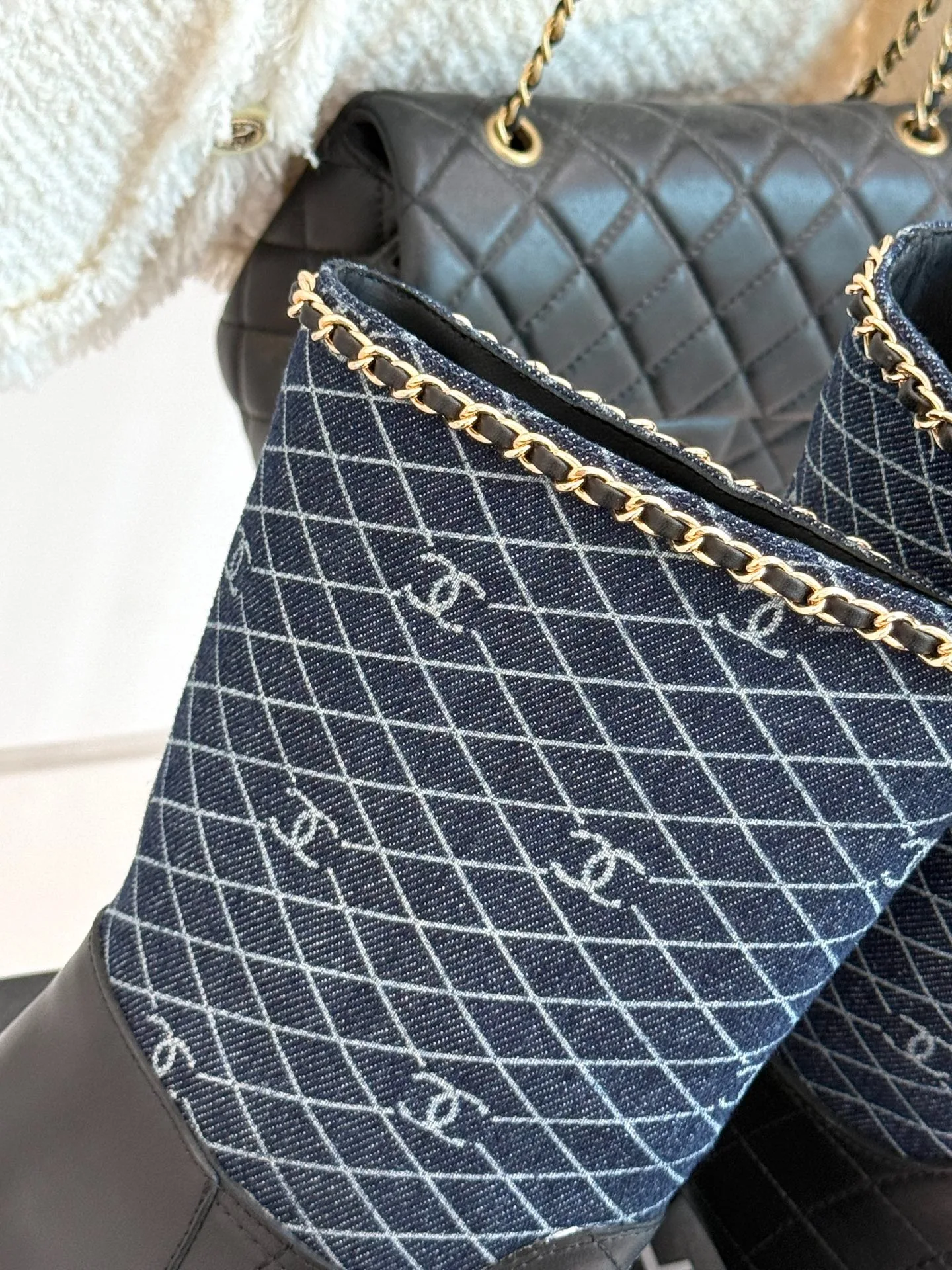 Chanel Double C Chunky Heel Boots With Chain Detail Blue Denim - Image 9