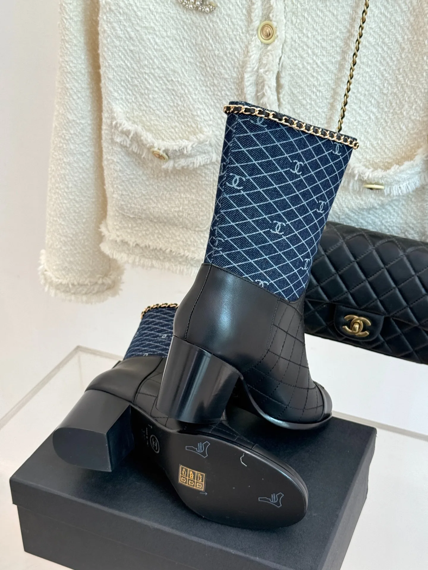 Chanel Double C Chunky Heel Boots With Chain Detail Blue Denim - Image 10