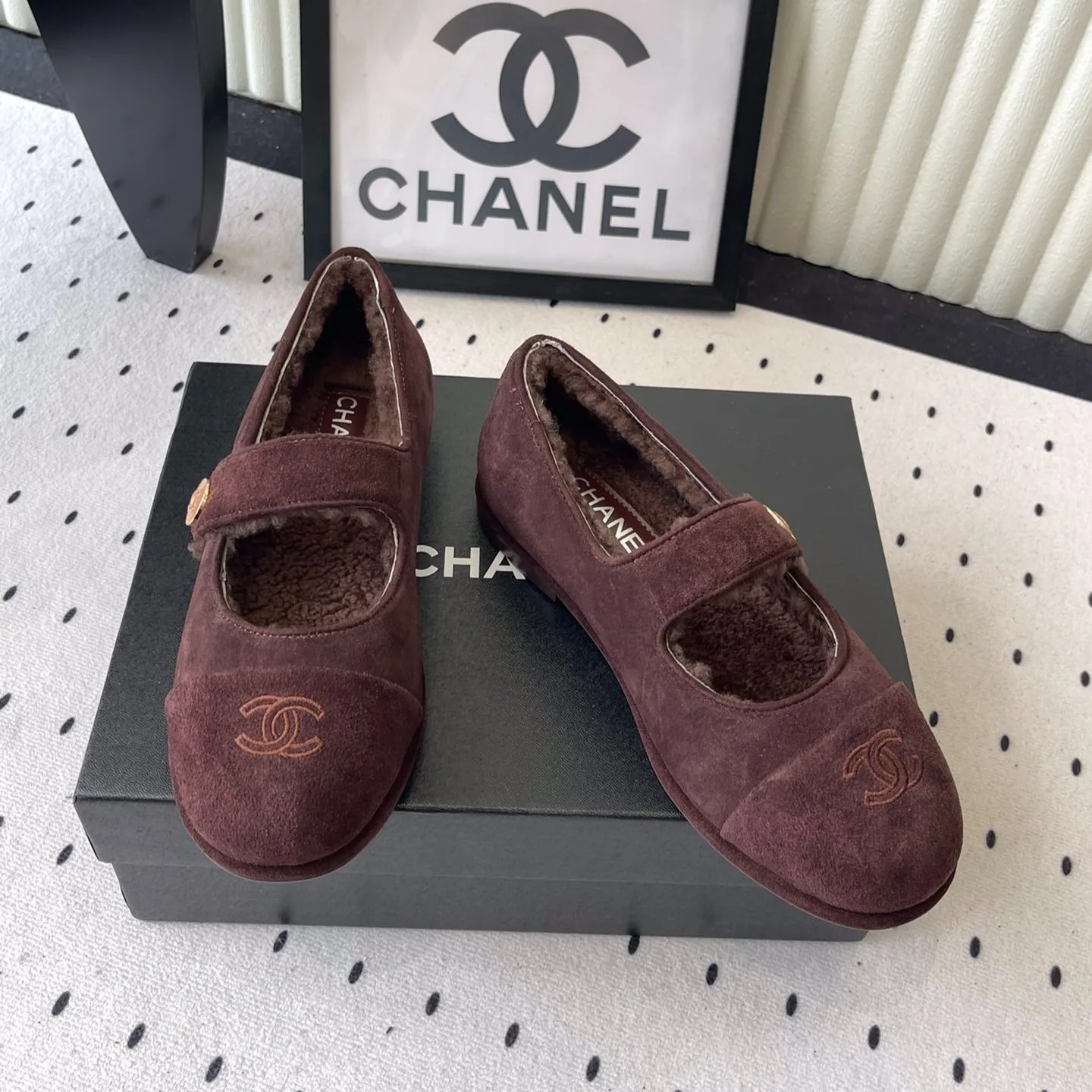 Alternative view of Chanel Mary Jane Flats Burgundy Suede Shearling