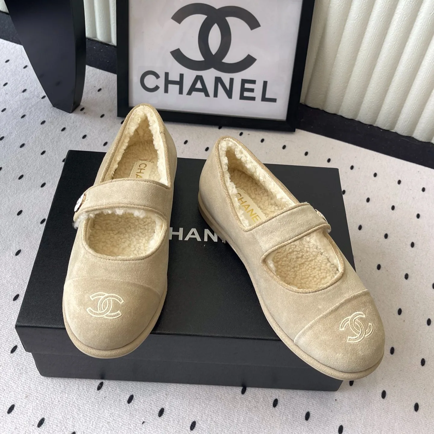 Alternative view of Chanel Mary Jane Flats Beige Suede Shearling