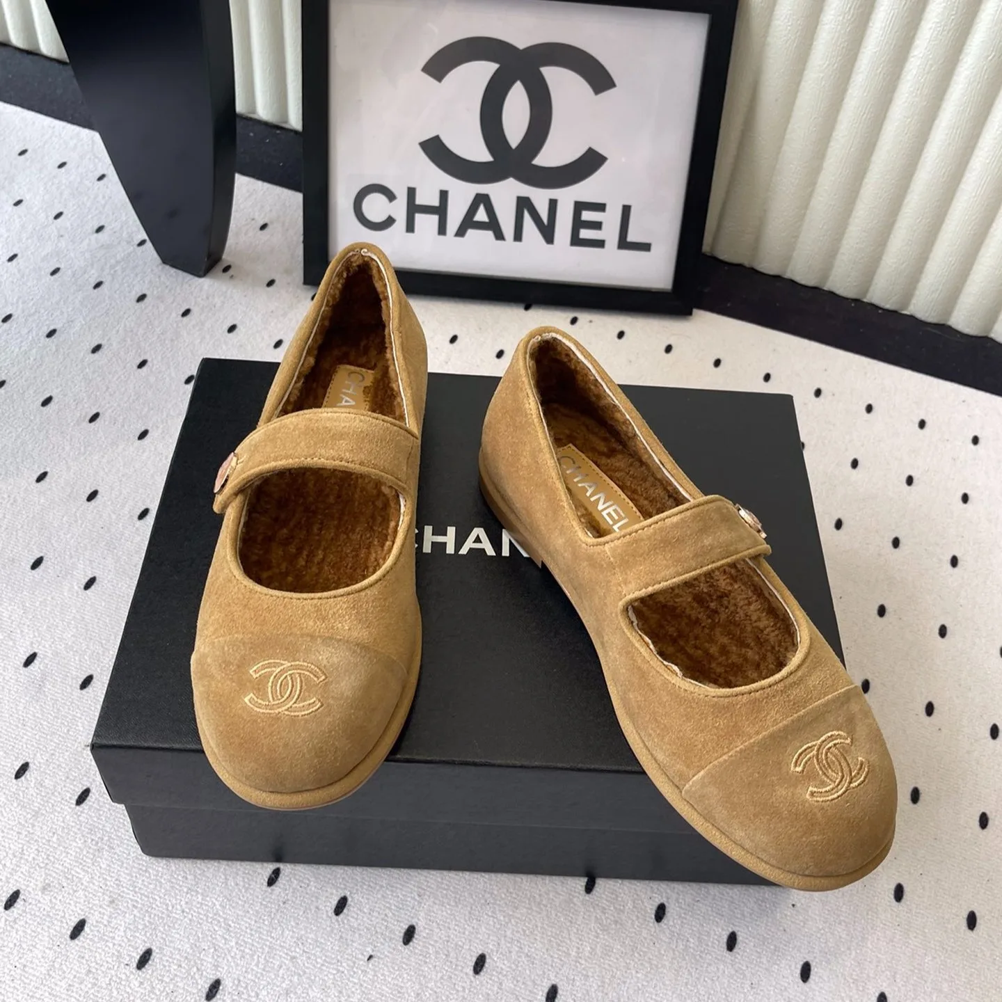 Alternative view of Chanel Mary Jane Flats Tan Suede Shearling