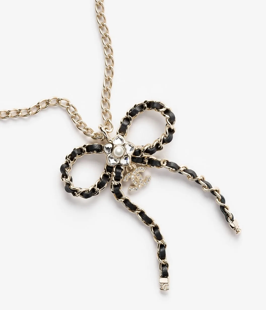 Chanel Bow Necklace Gold Pearly White Crystal - Image 3
