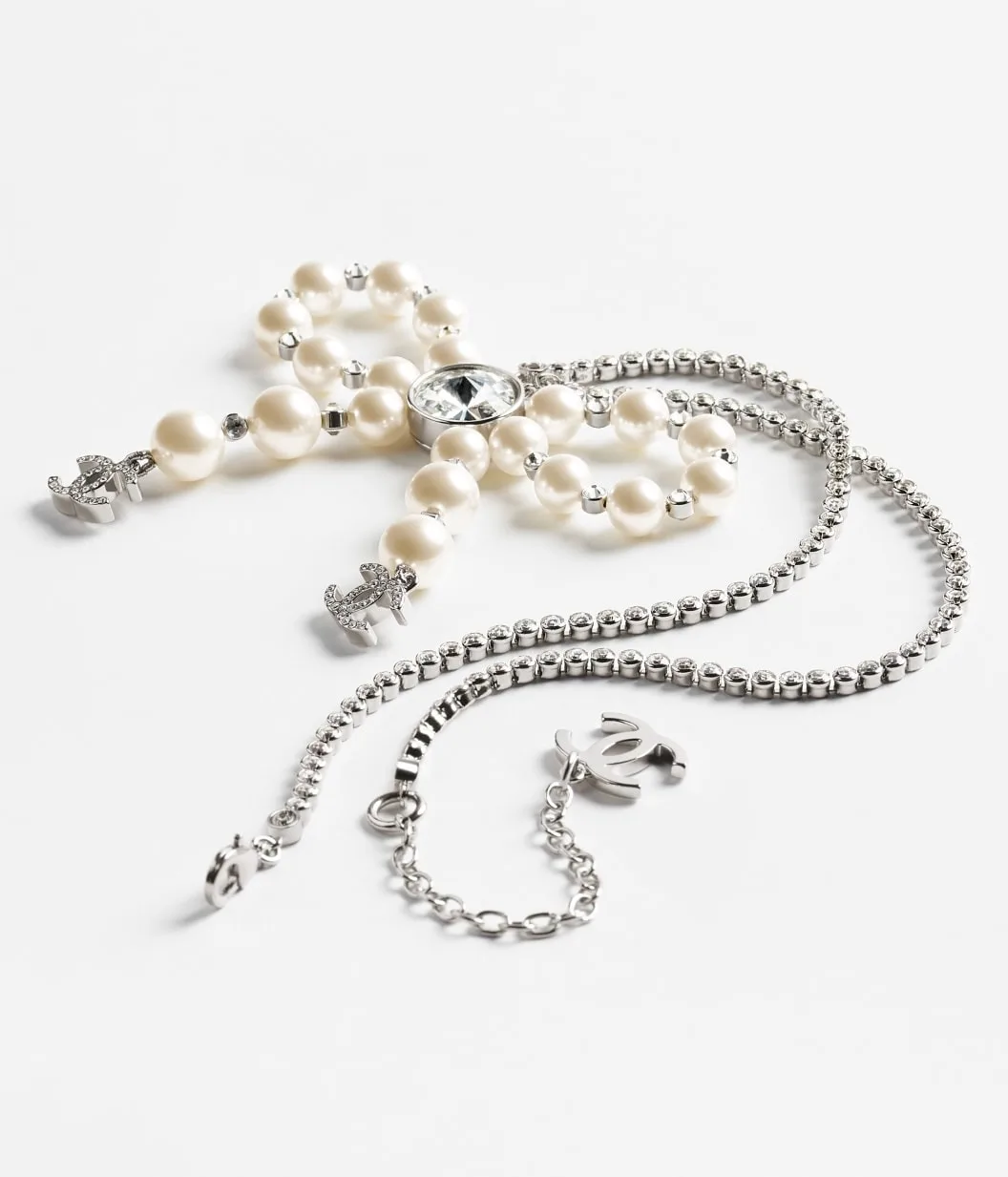 Alternative view of Chanel Bow Pendant Necklace Silver Pearly White