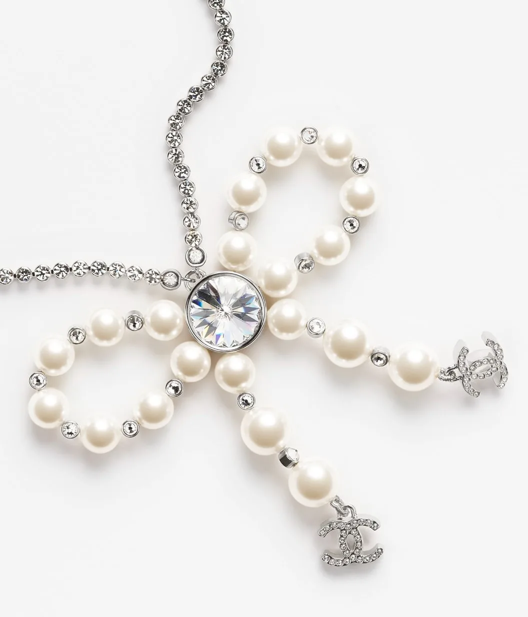 Chanel Bow Pendant Necklace Silver Pearly White - Image 3