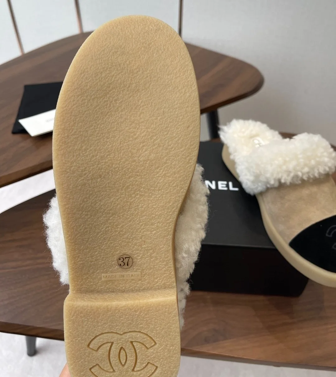 Chanel Shearling Two-Tone Mules Beige/Black - Image 5