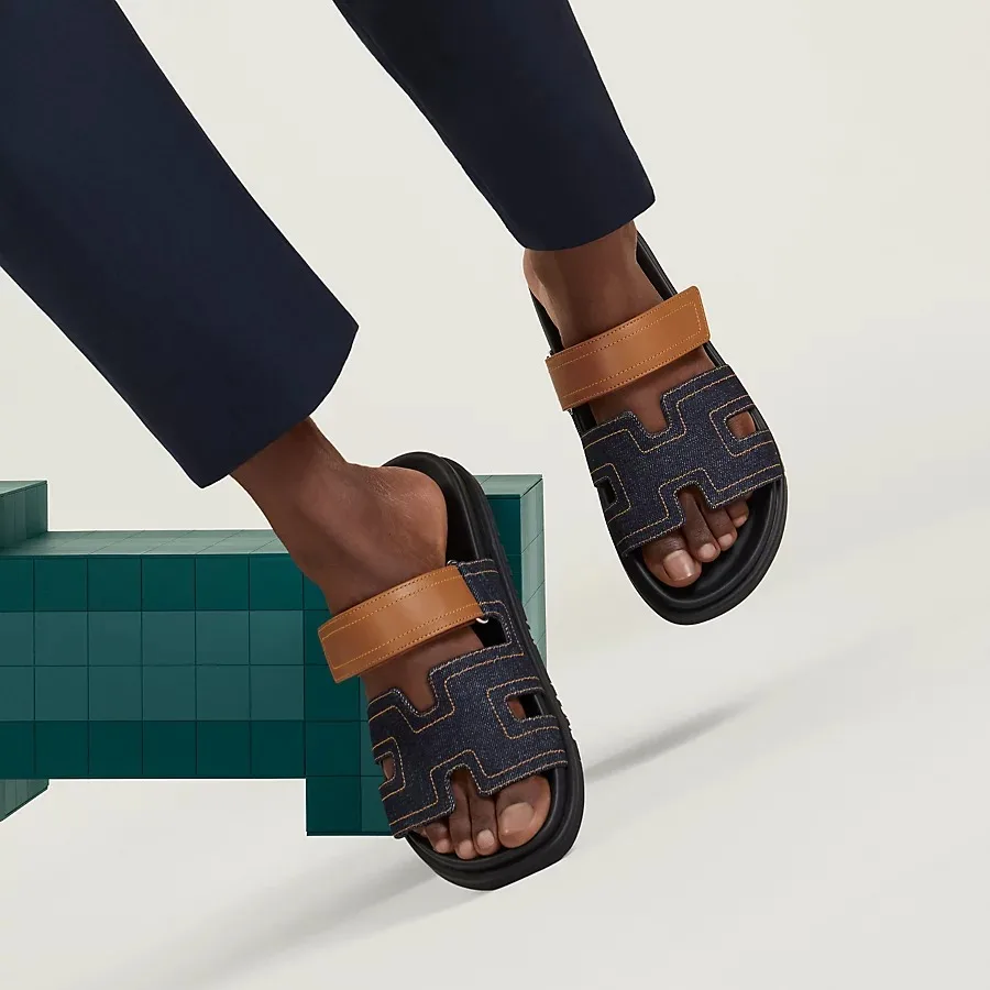 Hermes Chypre Sandals Blue Brut/ Natural - Image 6