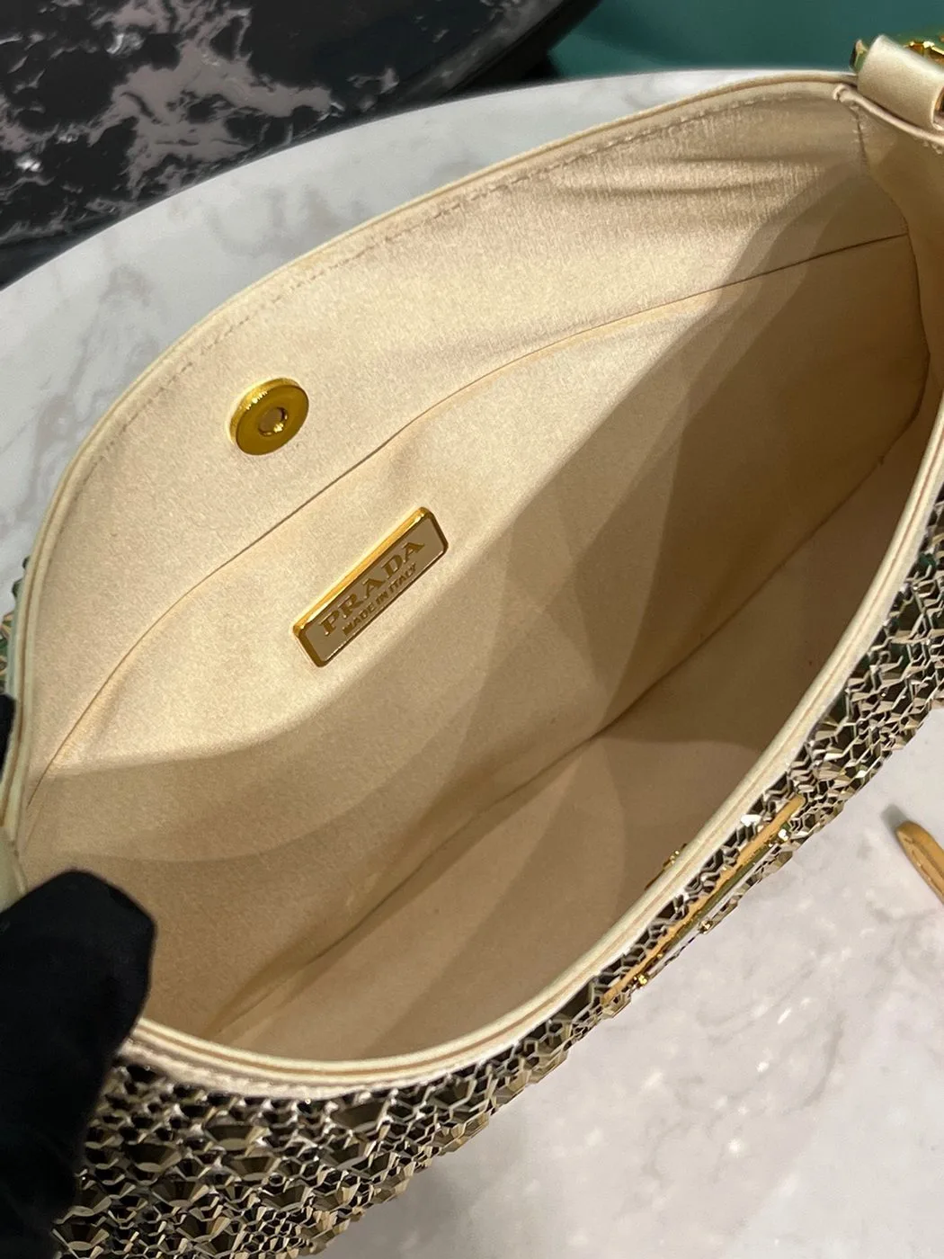 Prada Cleo Satin Bag With Crystals In Gold Tone / 1BC169_2AWL_F0522_V_HOO - Image 3