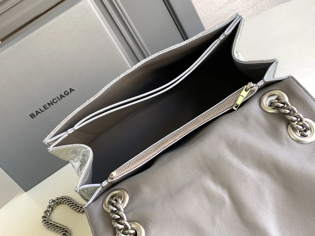 Alternative view of Balenciaga Crush Medium Chain Bag Metallized Quilted In Sliver Tone /