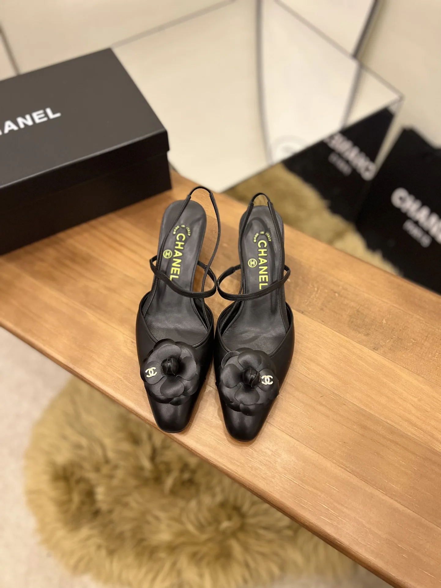 Chanel Womens Camellia Flower Slingback Black - Image 4