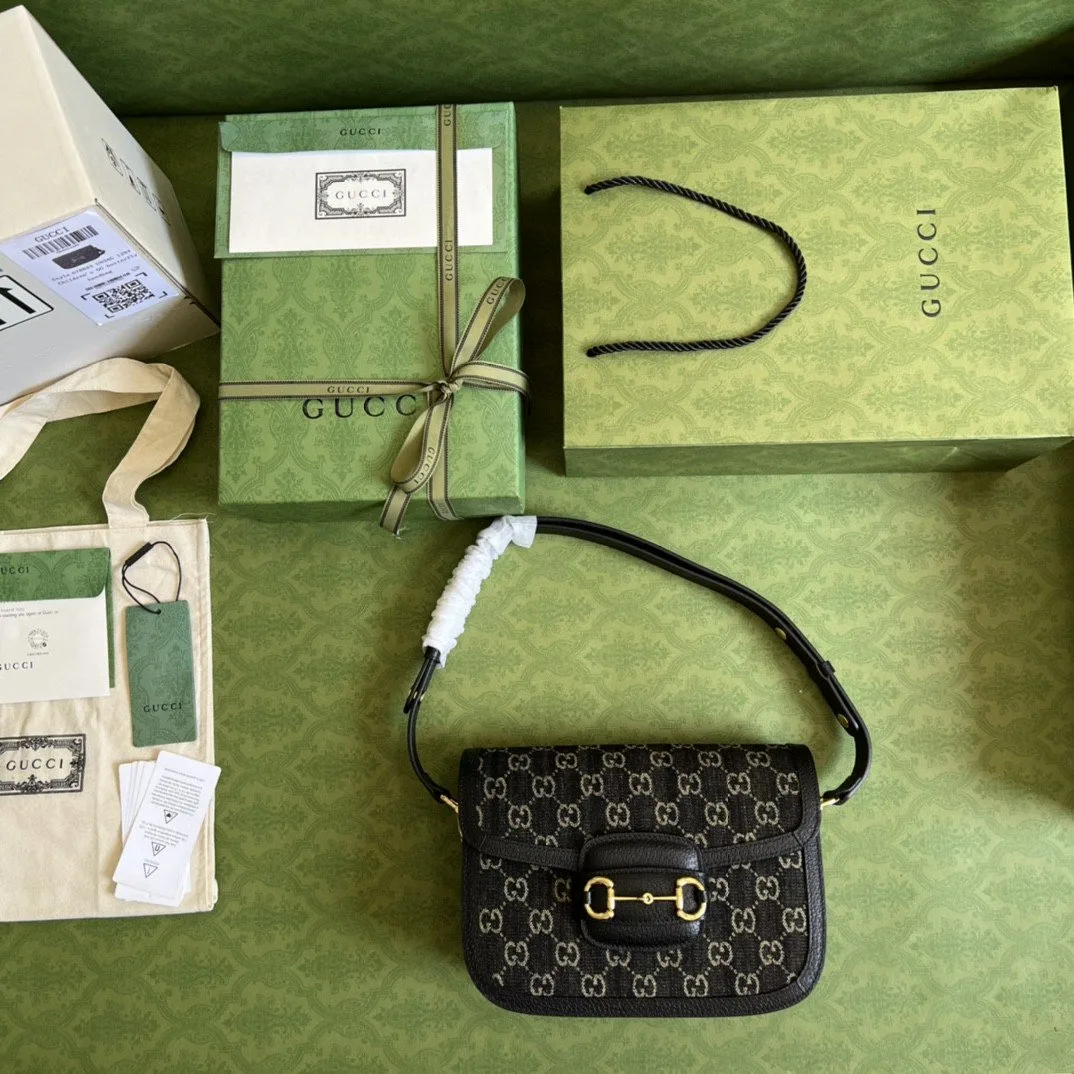 Alternative view of Gucci Horsebit 1955 Shoulder Bag / Black And Ivory GG Denim Jacquard Gold Hardware