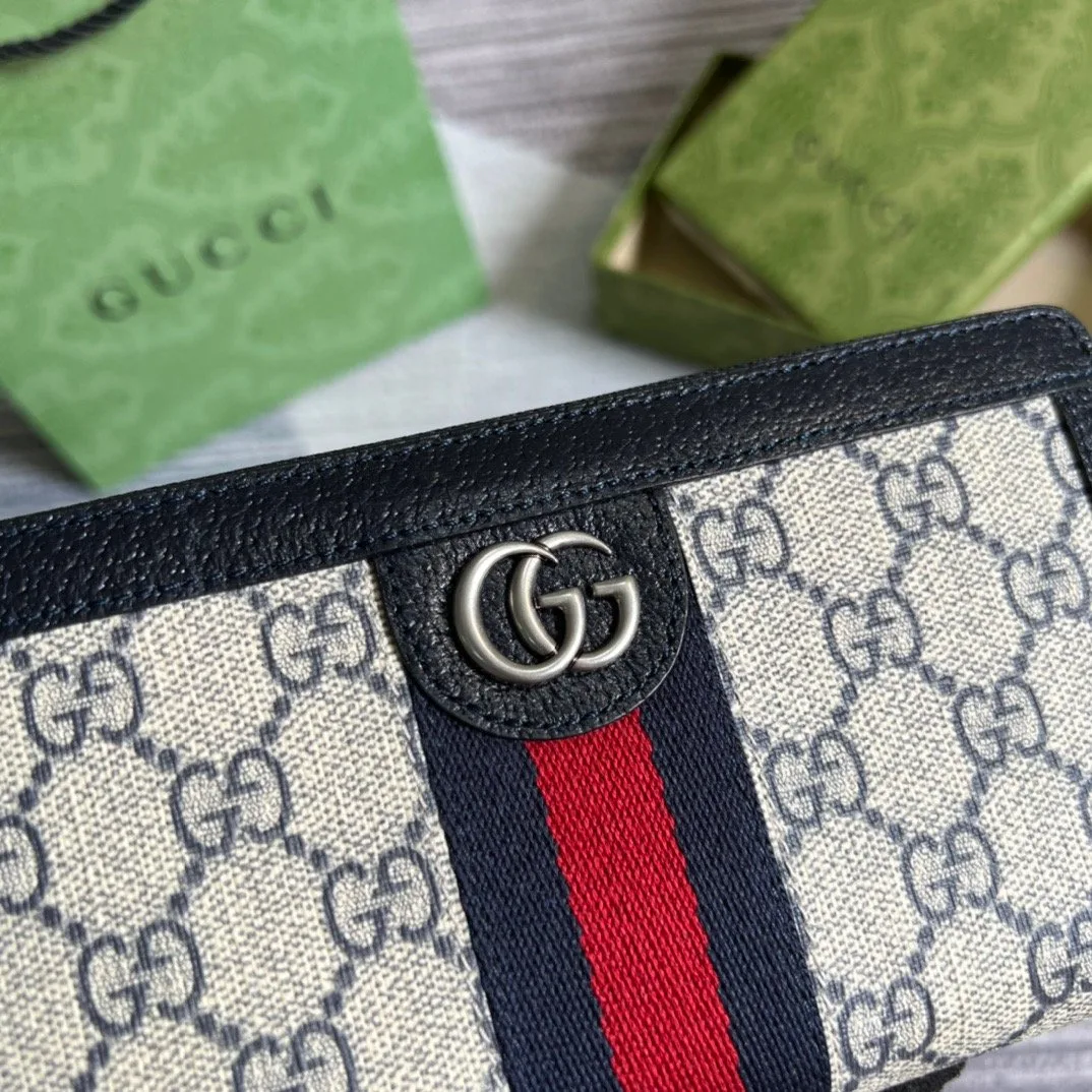 Gucci Ophidia GG Zip-Around Wallet in Beige with Red and Dark Blue Stripes and Silver Hardware , / - Image 4