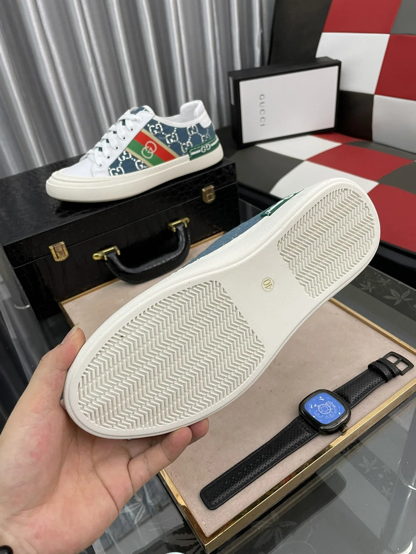 Gucci Men’s GG Embroidery Sneaker With Web White And Blue - Image 3