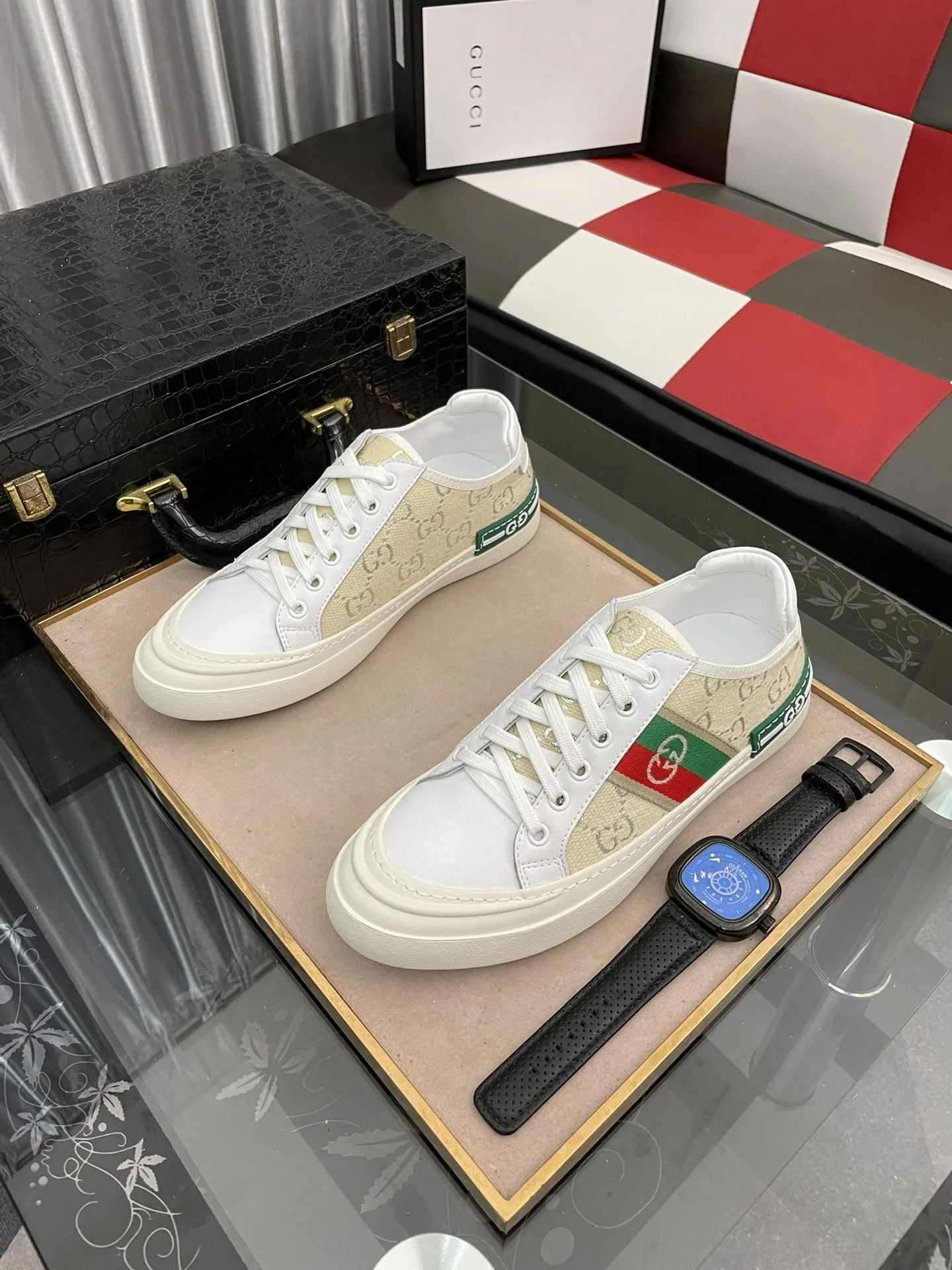 Alternative view of Gucci Men’s GG Embroidery Sneaker With Web White And Beige