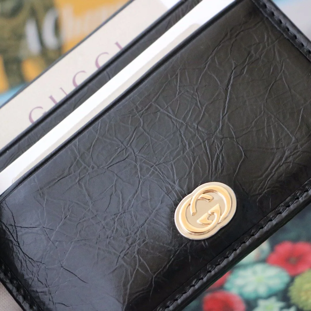 Gucci Card Case with Gold Interlocking G Plain Black / - Image 3