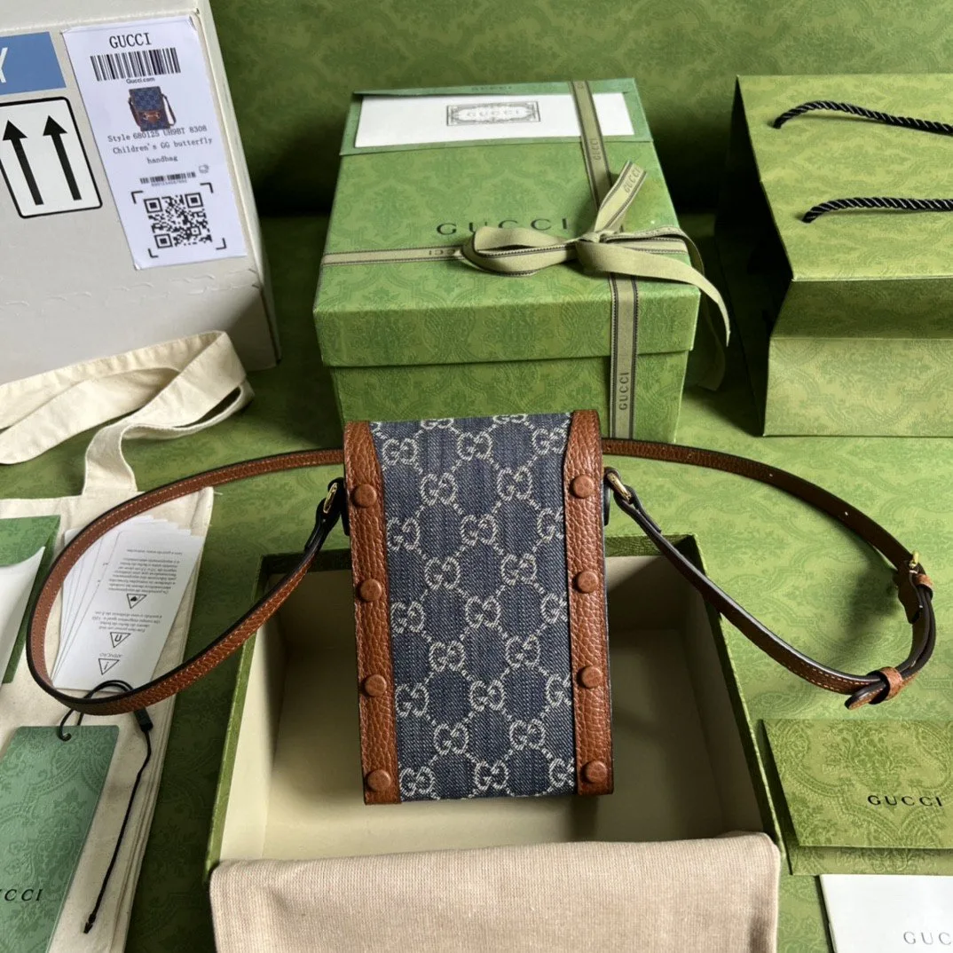 Gucci Horsebit 1955 Mini Bag Blue And Ivory GG Denim Jacquard / - Image 3