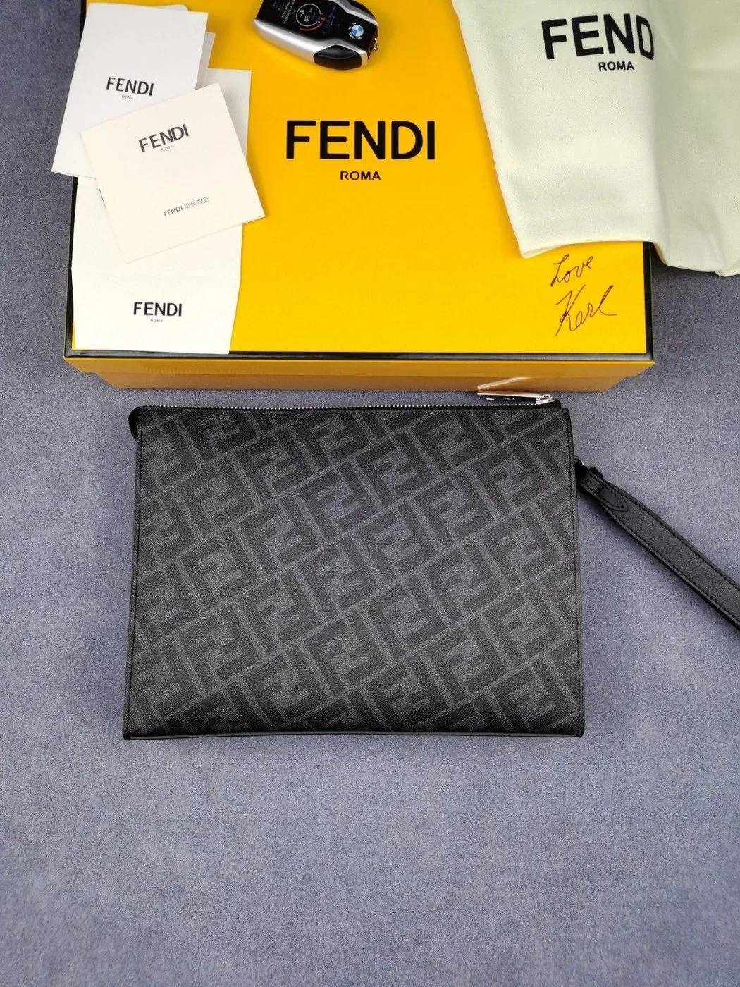 Fendi Flat Pouch Black Fabric Pouch Yellow Stripes / FF 7VA491A9XSF0R2A - Image 4