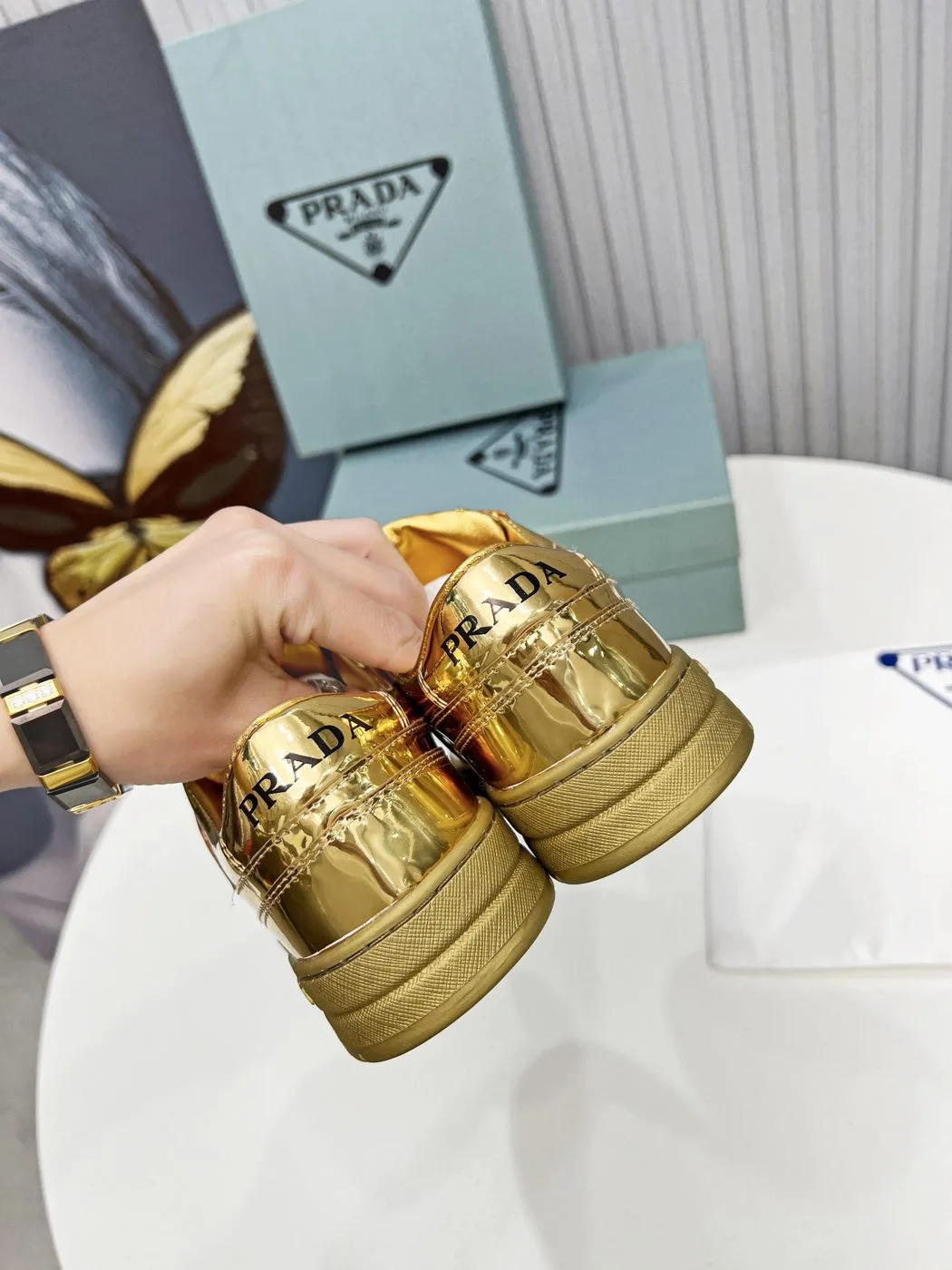 Alternative view of Prada Downtown Metallic Sneakers Gold Tone / 1E792M_3AU1_F0522_F_030