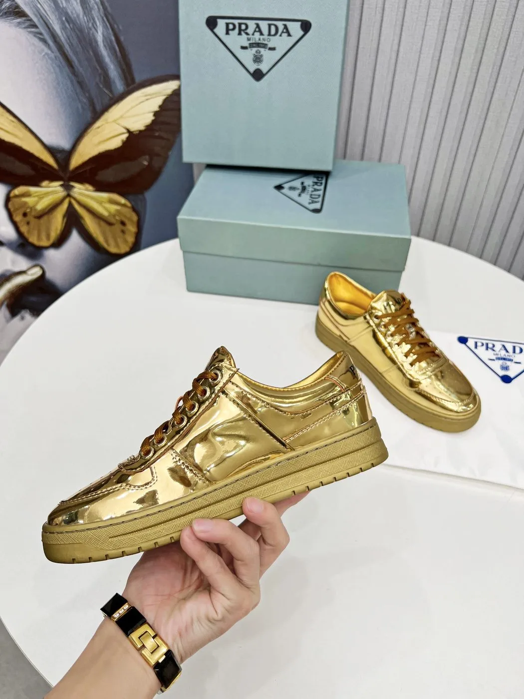 Prada Downtown Metallic Sneakers Gold Tone / 1E792M_3AU1_F0522_F_030 - Image 3