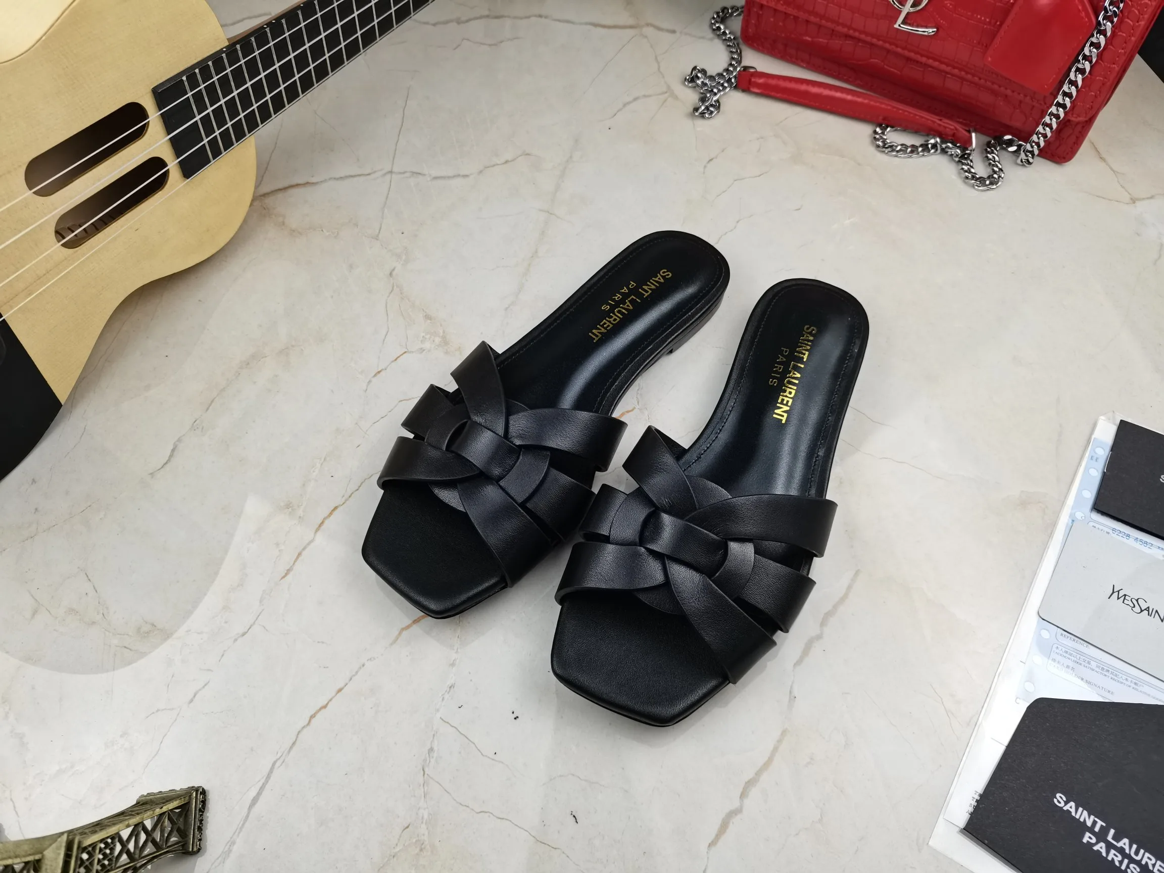 Alternative view of Saint Laurent Tribute Flat Mules Black YSL