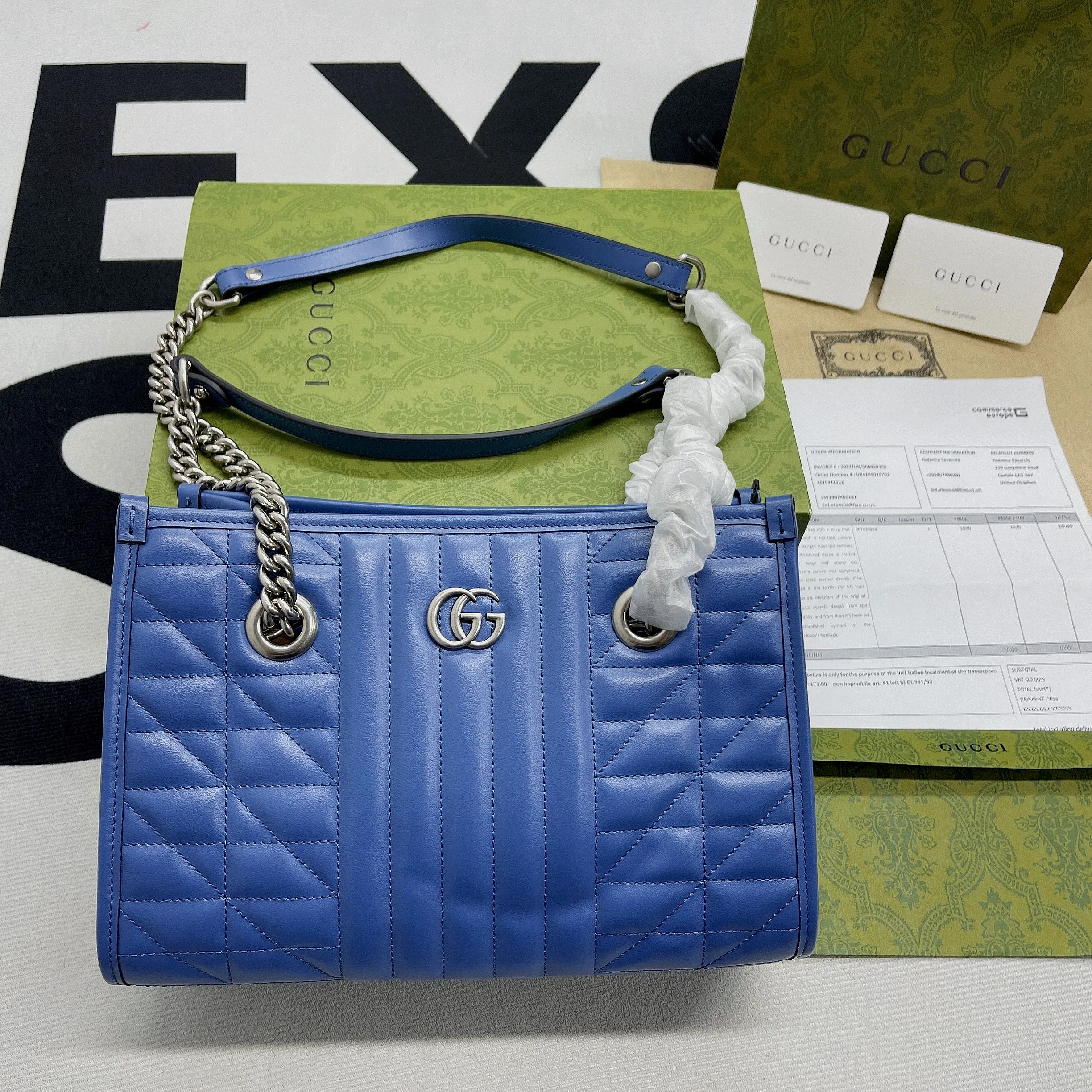 Gucci Marmont Small Matelasse Tote Bag / Blue Palladium Hardware - Image 3