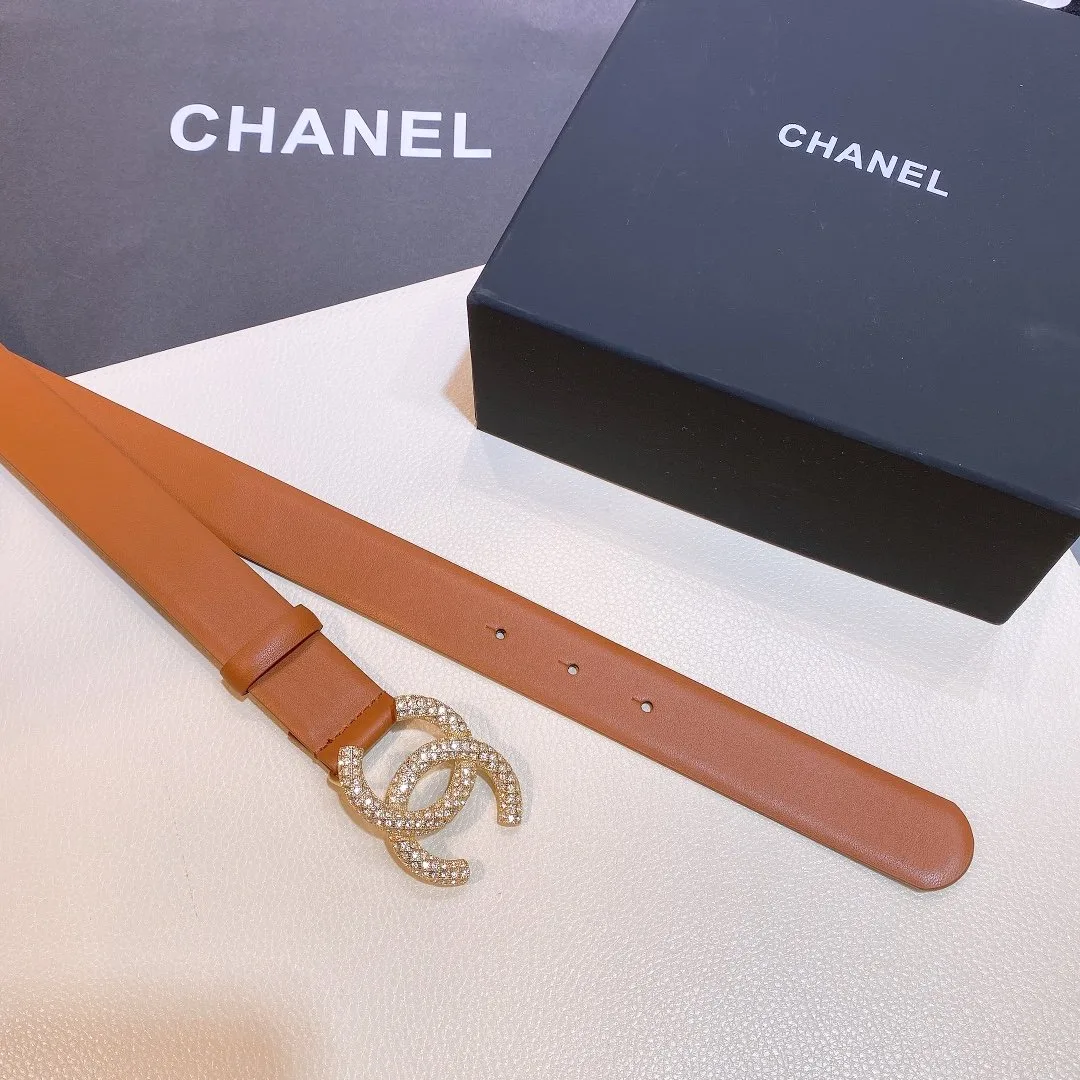 Chanel Brown Belt With Double C Buckle Gold-Toned and Strass Metal Women