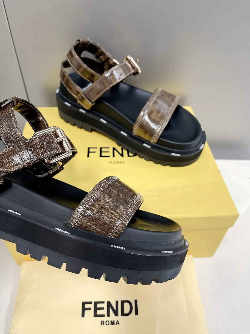 Fendi Brown FF Jacquard Sandals - Image 5