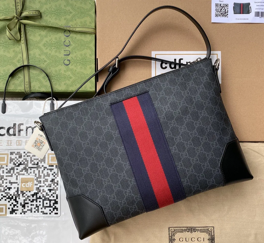 Gucci Black Messenger Black/Grey GG Supreme Canvas Blue And Red Web / - Image 8