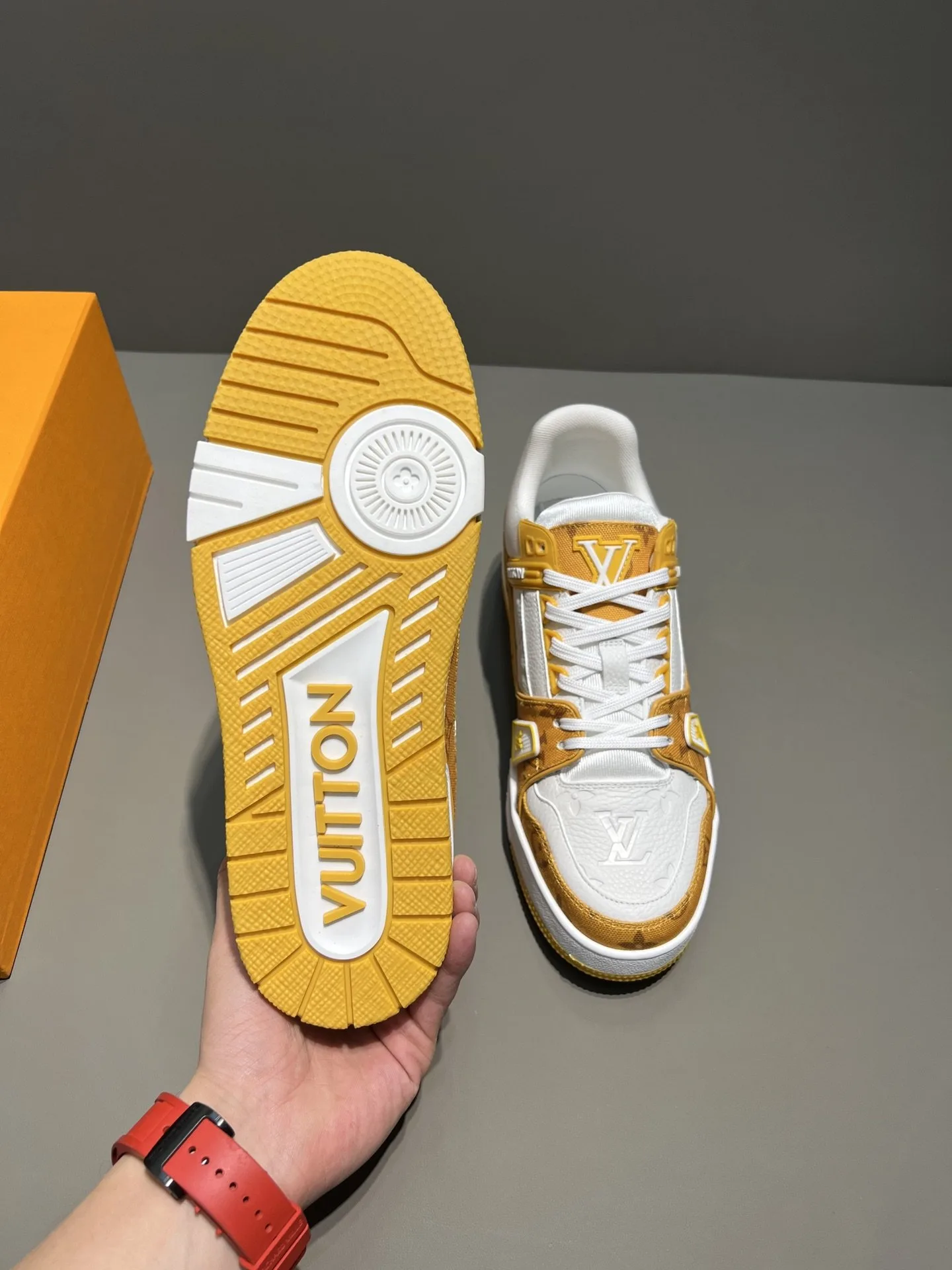 Louis Vuitton Trainer Sneaker Monogram Denim Yellow Virgil Abloh LV 1A9JHJ - Image 3