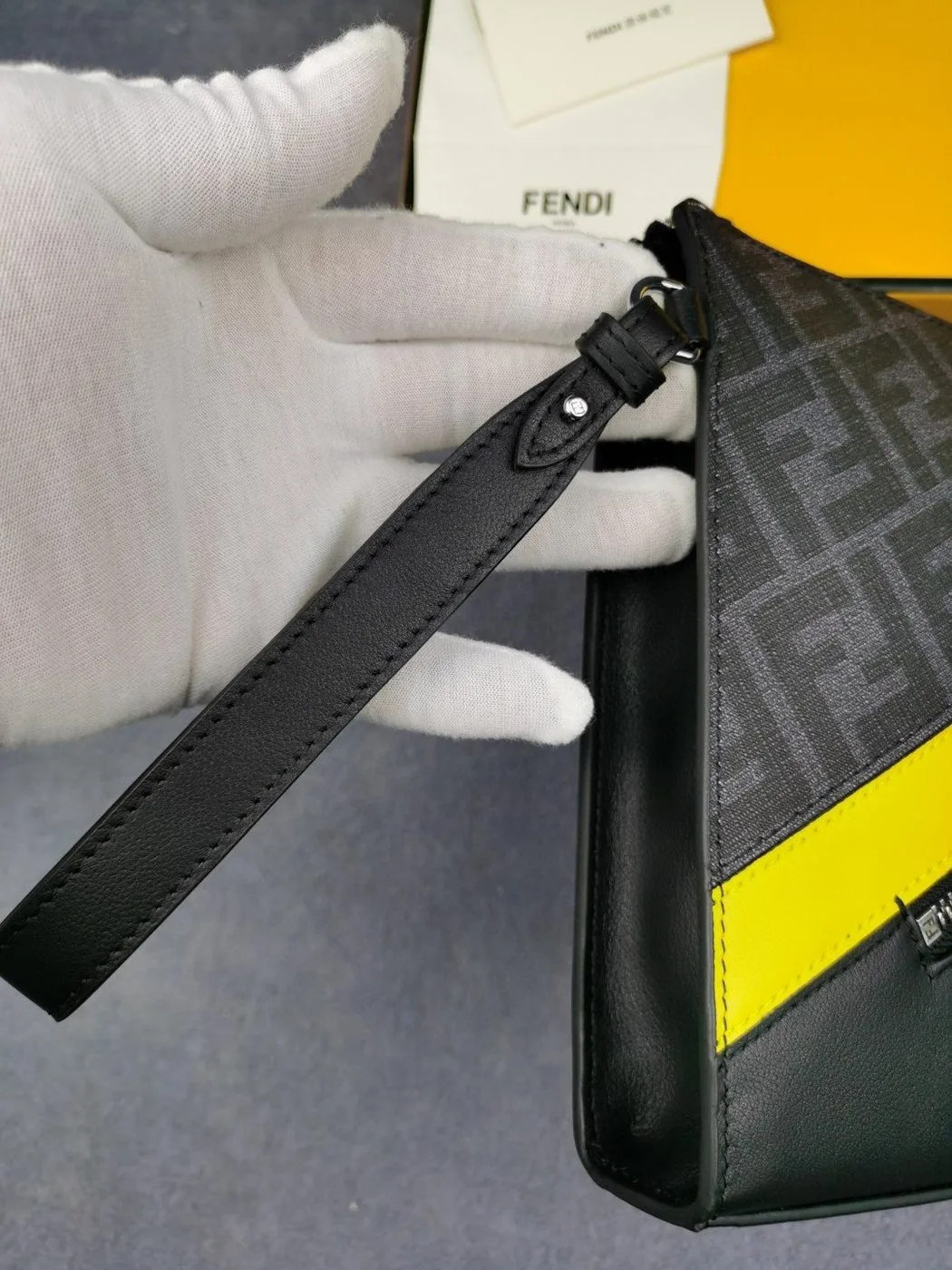 Fendi Flat Pouch Black Fabric Pouch Yellow Stripes / FF 7VA491A9XSF0R2A - Image 3