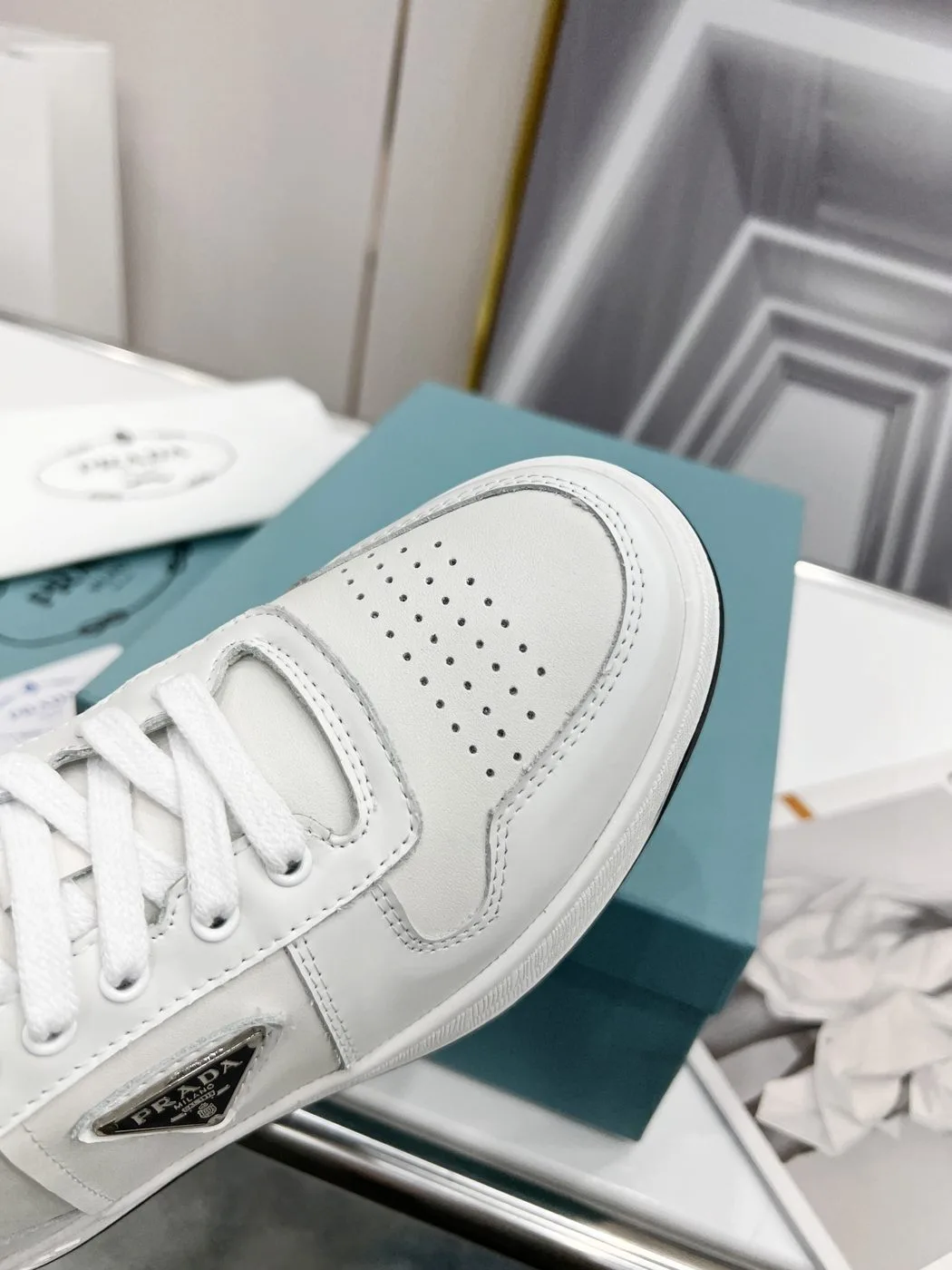 Prada Downtown Perforated Sneakers White/Black / - Image 4