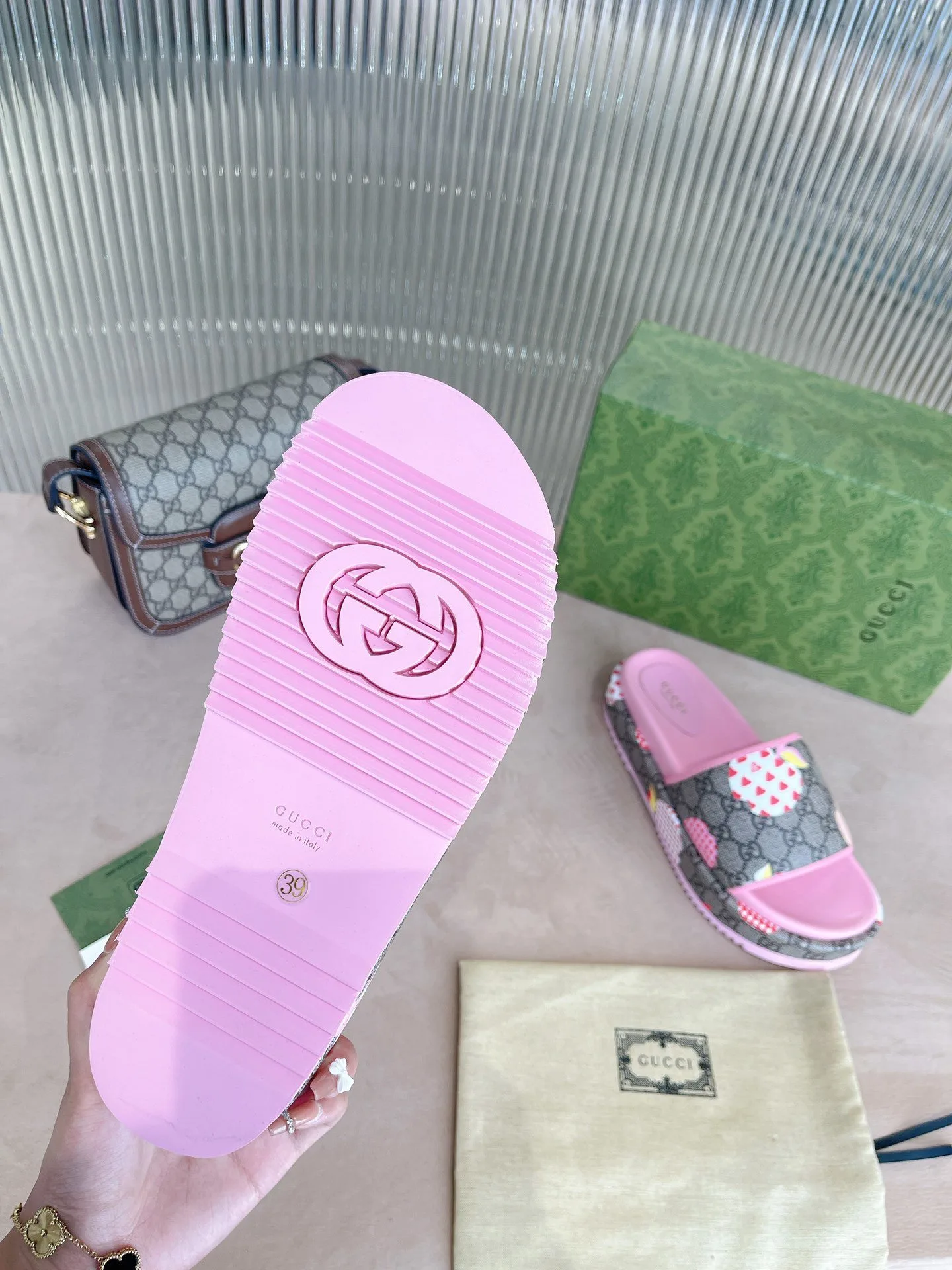 Gucci GG Blooms Supreme Floral Slide Sandal By Canvas Fabric Pink - Image 9