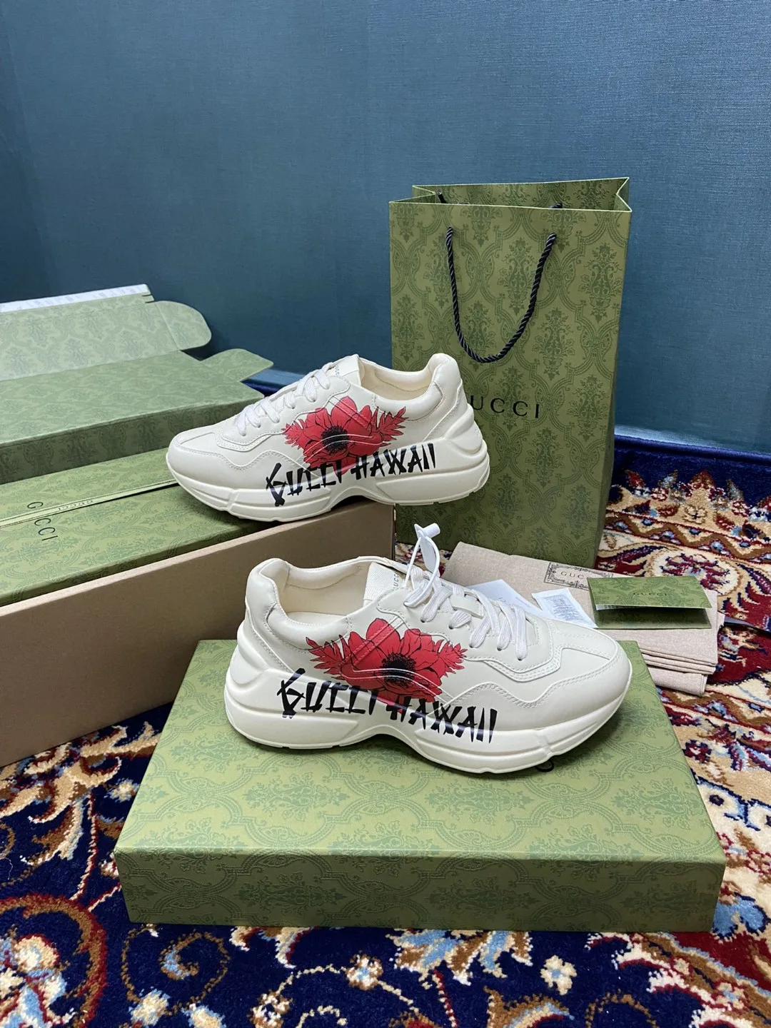 Alternative view of Gucci Rhyton Sneakers With Gucci Hawaii Poppy Print White Ivory