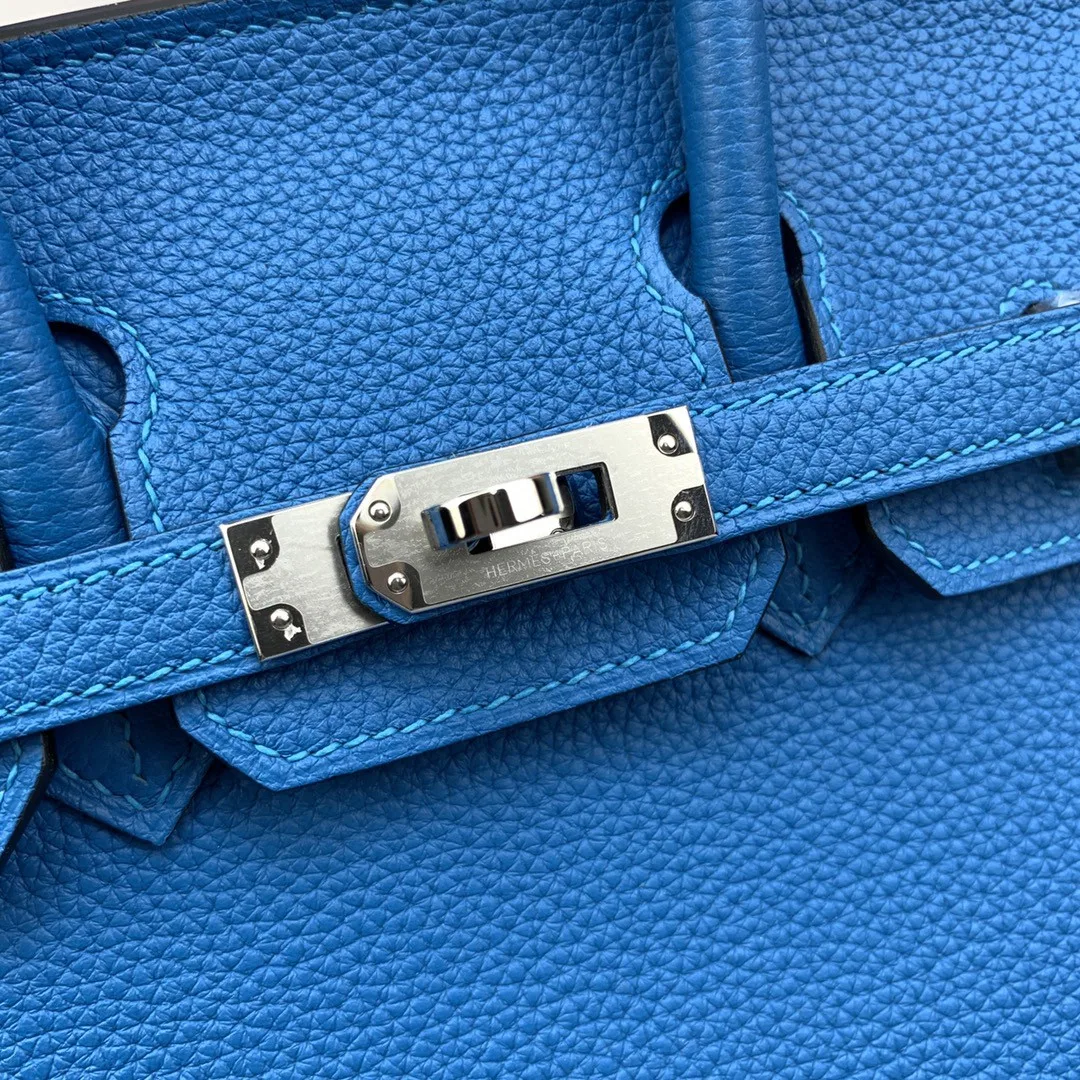 Hermes Birkin Top Handle Bag / Nata Togo Leather Blue Silver Hardware - Image 9