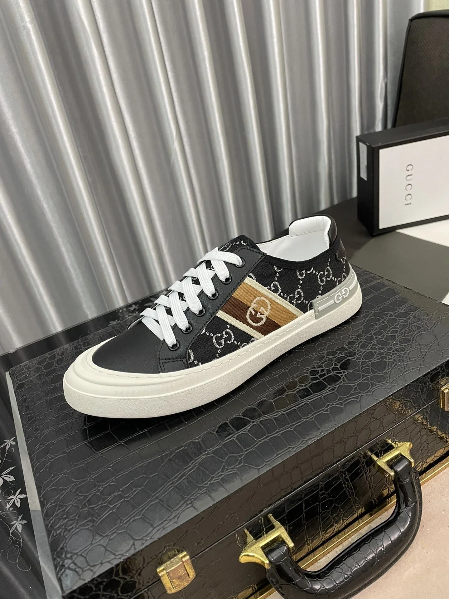 Gucci Men’s GG Embroidery Sneaker With Web Black - Image 3