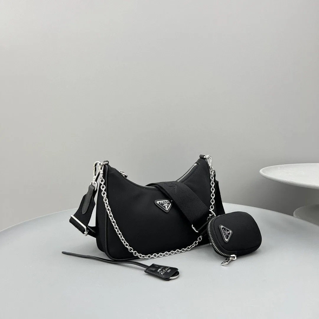 Prada Re- 2005 Saffiano Shoulder Bag Black Silver Hardware - Image 5
